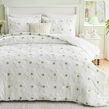VIVILINEN Twin Comforter Set for Girls 2 Pieces Green Floral Twin Size Bedding Set Cute Comforter with Tufted Daisies Flowers, Lightweight Bed Set for Kids Teen Girls Women