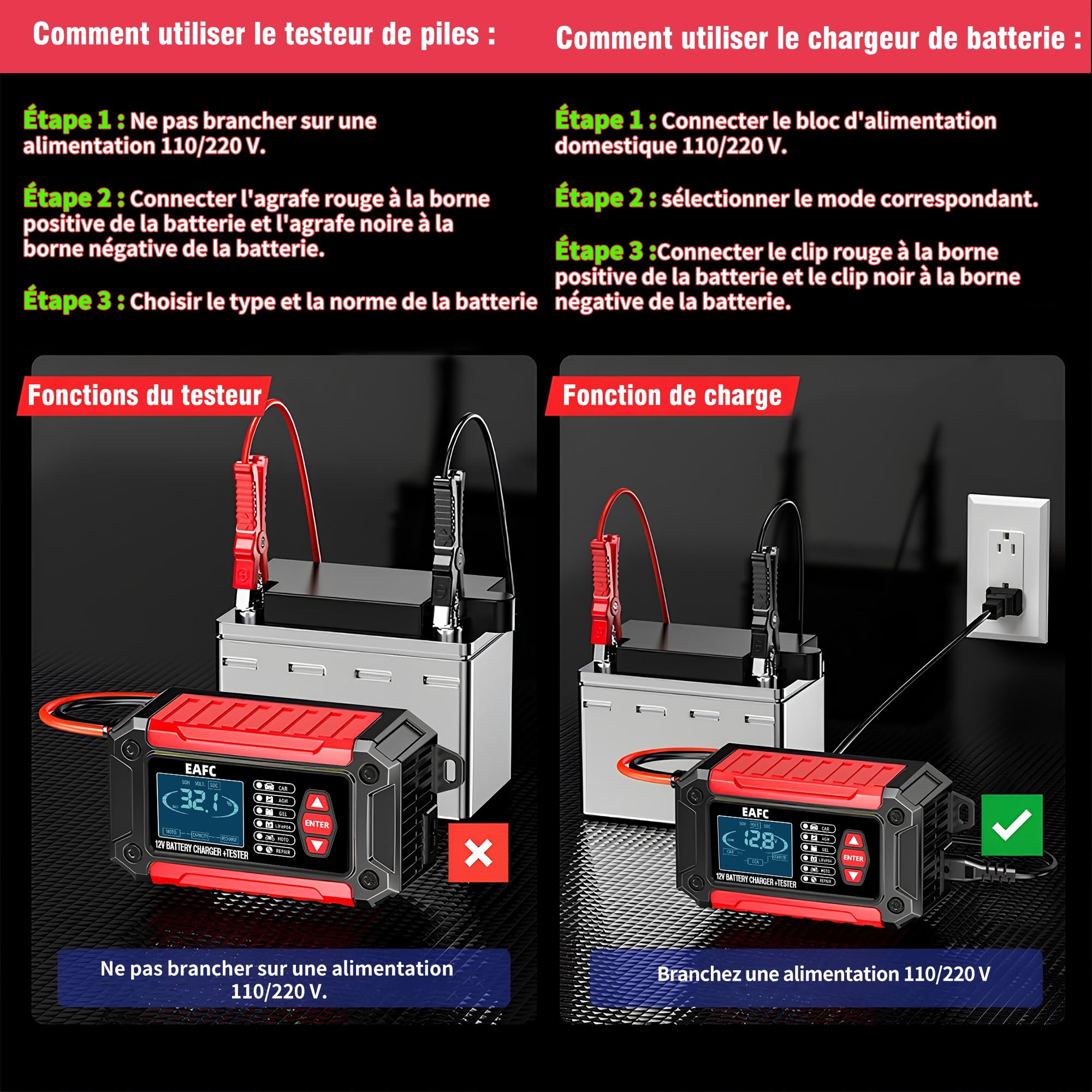 Testeur de Batterie de Voiture et Chargeur de Voiture Tout-en-Un EAFC12V6A Testeur de Batterie Chargeur pour Moto, Camion, AGM LiFePO4 Outil de Diagnostic de Batterie