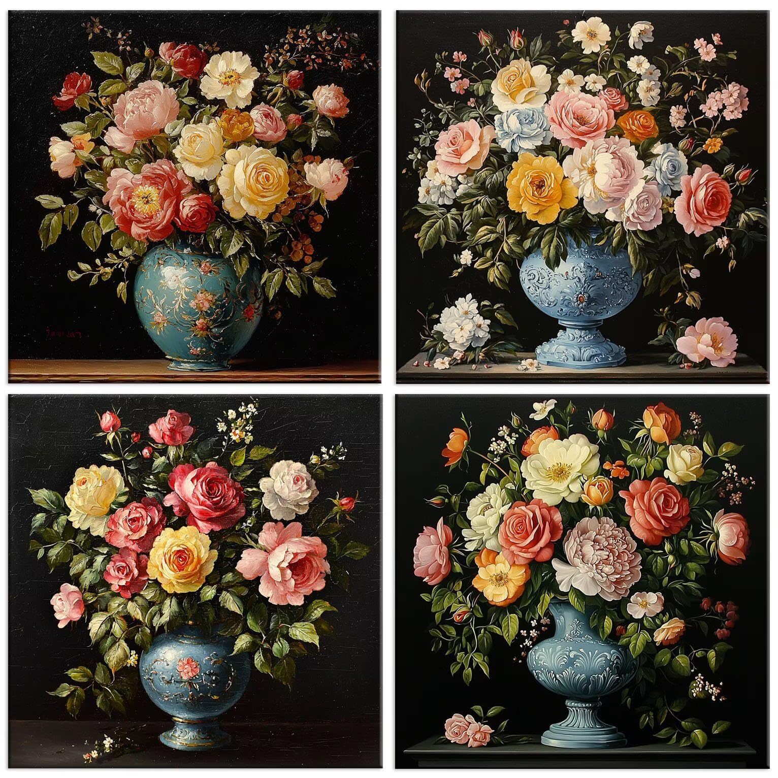5D Diamond Painting Rosenvase, Diamant Malerei Erwachsene 50x50cm w-539 | 4 Pack Diamond Painings Erwachsene, 5D DIY Diamant Malerei Mosaikherstellung für Relaxation and as a Wall Deko Geschenk