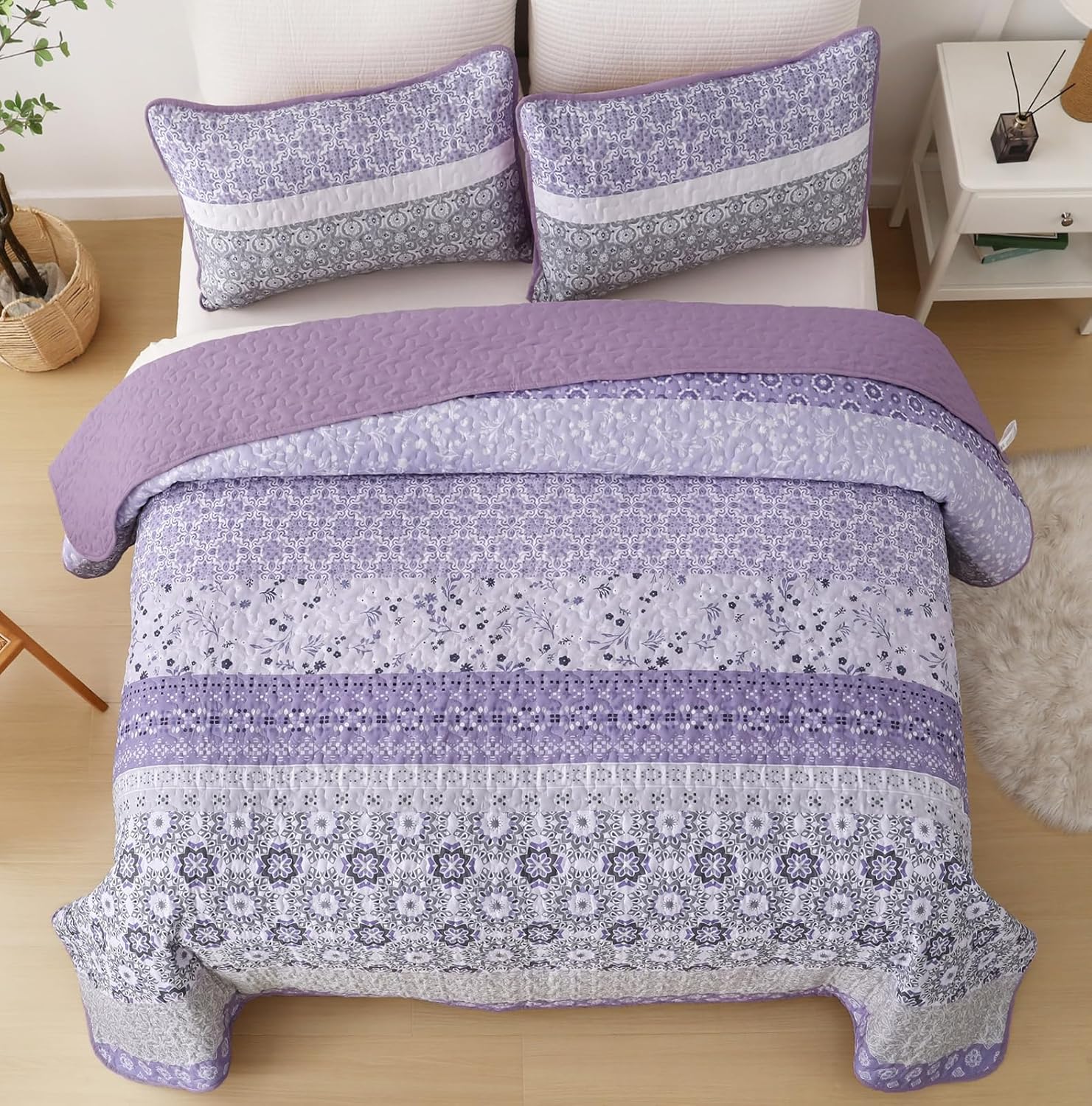 WONGS BEDDING Boho Quilt Set Queen Size,Lavender Purple Bohemian Striped Patchwork Bedspread Set,3 Pieces Microfiber Bedding Set for All Seasons (96"x90") - Image 3