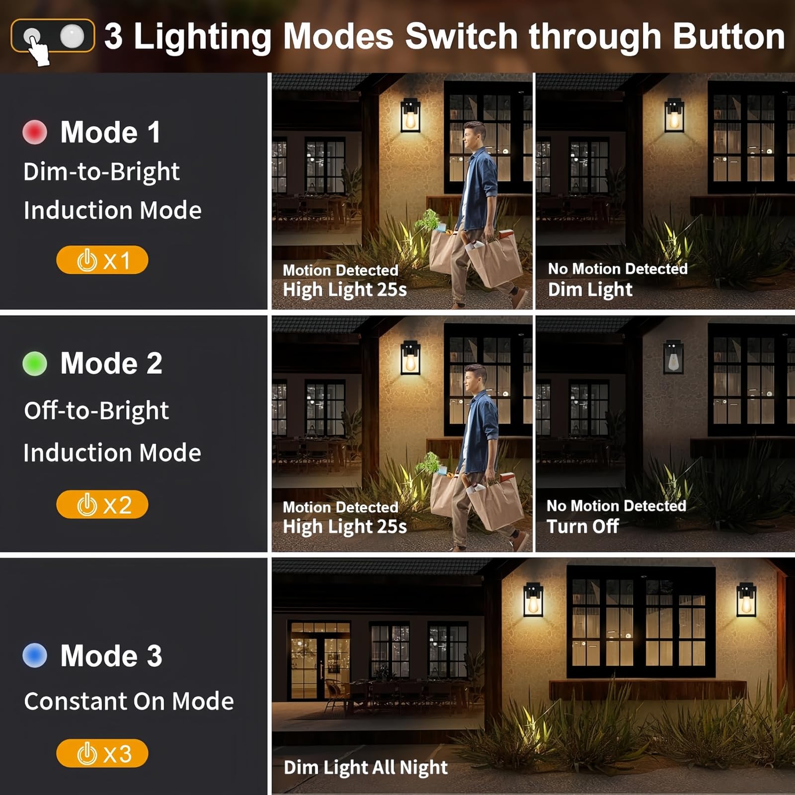 Lanterne solari da parete per esterni, luci Teilybao con lampadina calda 3200 K e lampadina bianca 6500 K, luci da parete solari impermeabili con pannello trasparente e 3 modalità di illuminazione per