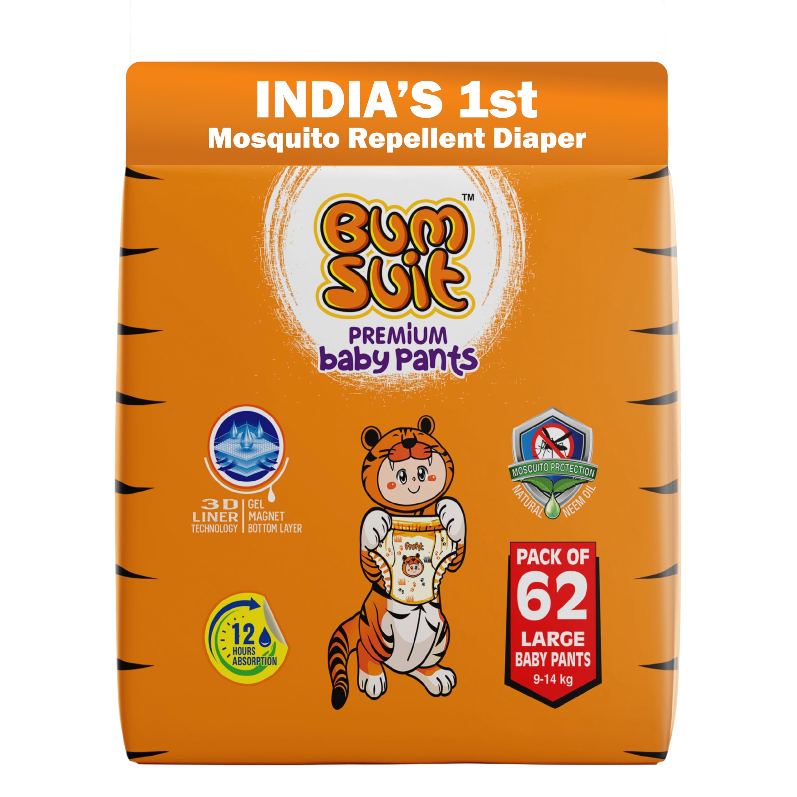 Bumsuit Premium Baby Pants Diapers Large (L), 62 Count | 9–14 kg | Mosquito Protection, 12-Hour Absorbency, Soft Breathable Fabric, Elastic Waistband, Rash-Free Comfort, Stylish Baby Diapers