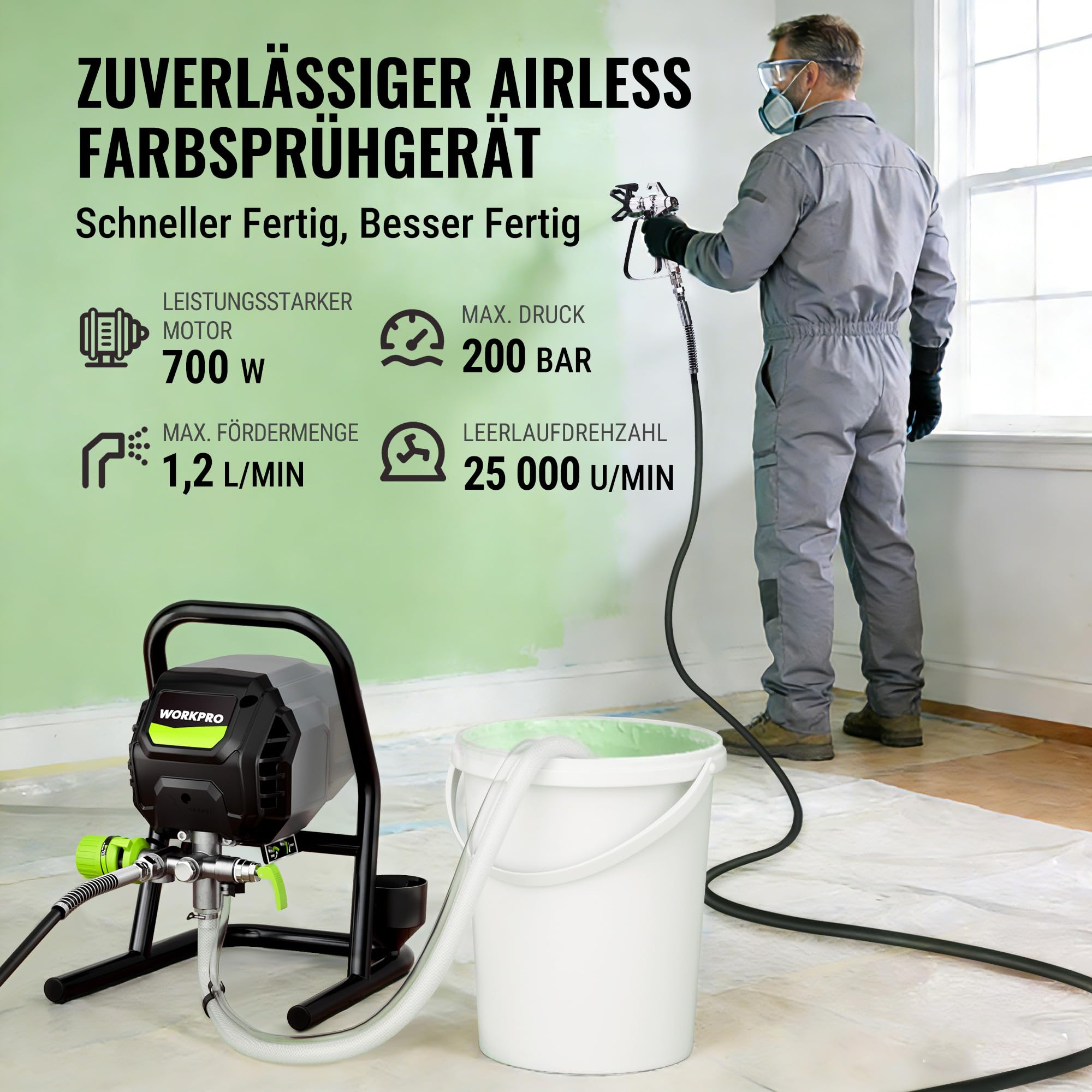WORKPRO 700 W Airless Farbsprühsystem, Airless Farbsprühgerät mit 3 Verstellbaren Druckstufen, Ideal für Innen- und Außenräume, Fördermenge 1,2 l/min, Max. Druck 200 Bar