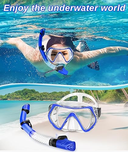 Miniatura 7 de Juego de esnórquel para adultos, kit de esnórquel seco, máscara de buceo antifugas y esnórquel seco, máscara de buceo con vista panorámica de 180