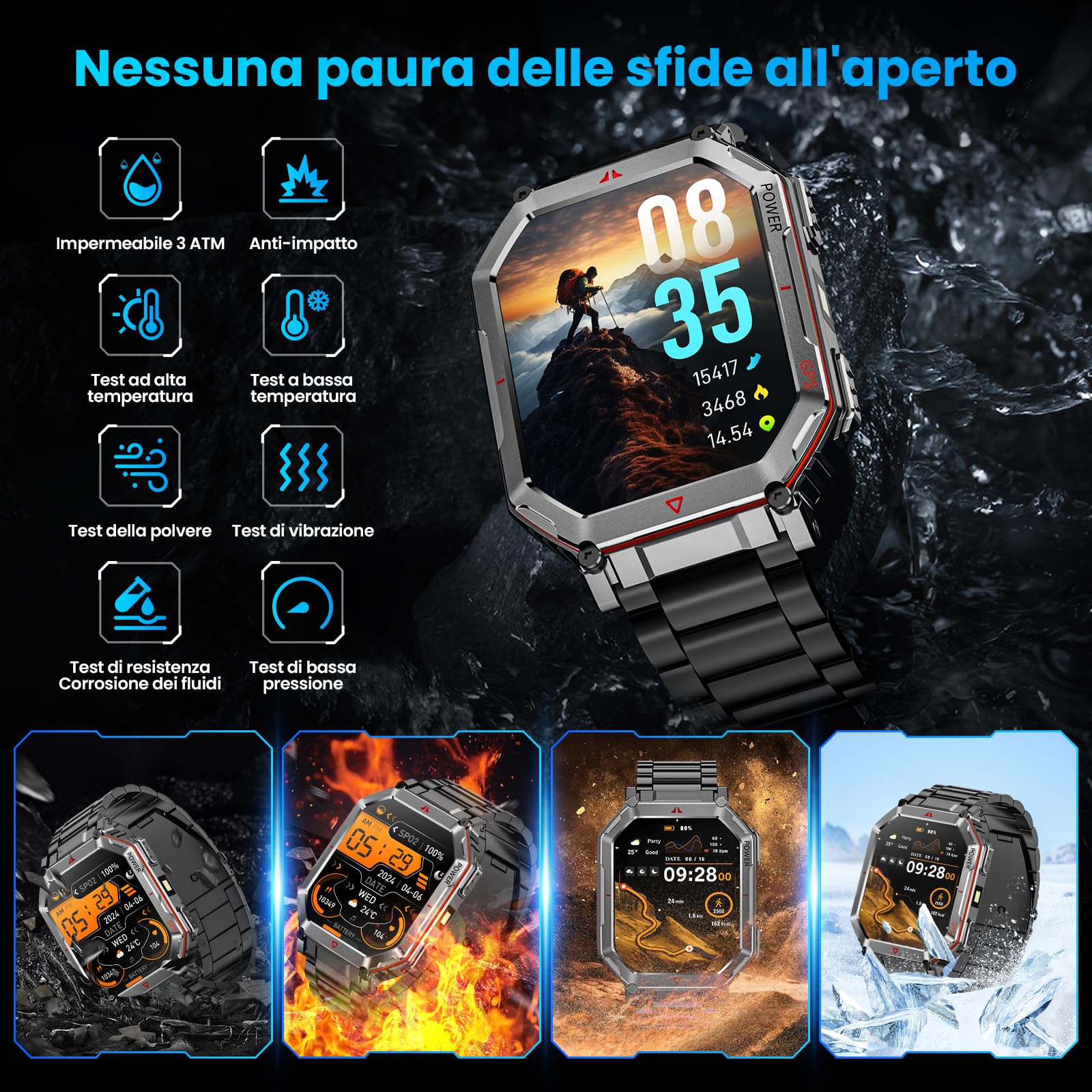 Orologio intelligente militare Cinghia in Acciaio per uomini, con GPS/bussola, assistente vocale GPT, display HD 2.01", chiamate Bluetooth, tracker fitness, compatibile con Android e iOS (Nero)