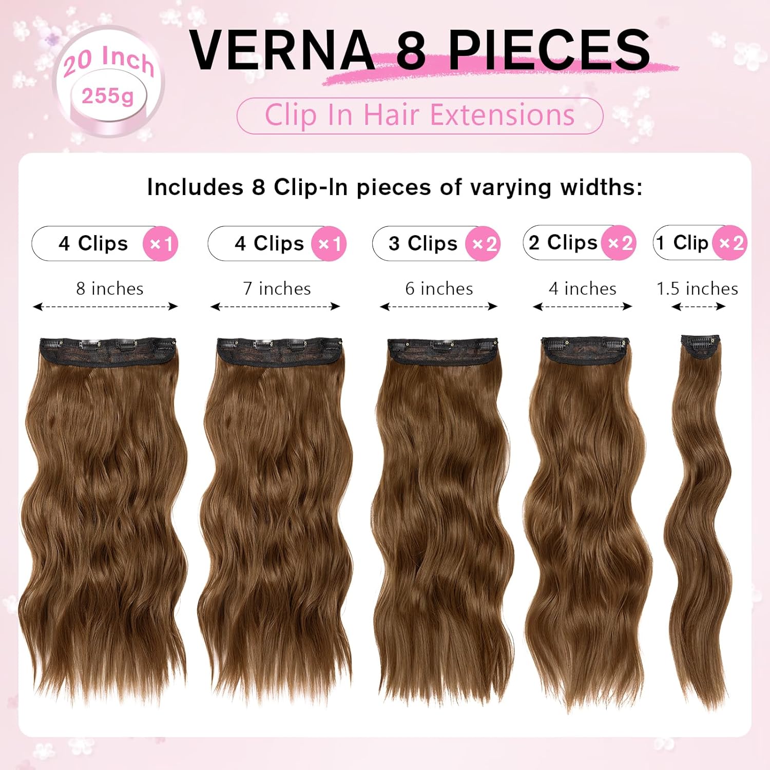 Clip in Hair Extensions for Women, 20 Inch Medium Brown Hair Extensions Clip Ins Wavy Curly, 8PCS Synthetic Clip in Extensions for Women, Invisible Lace Weft Hair Extension