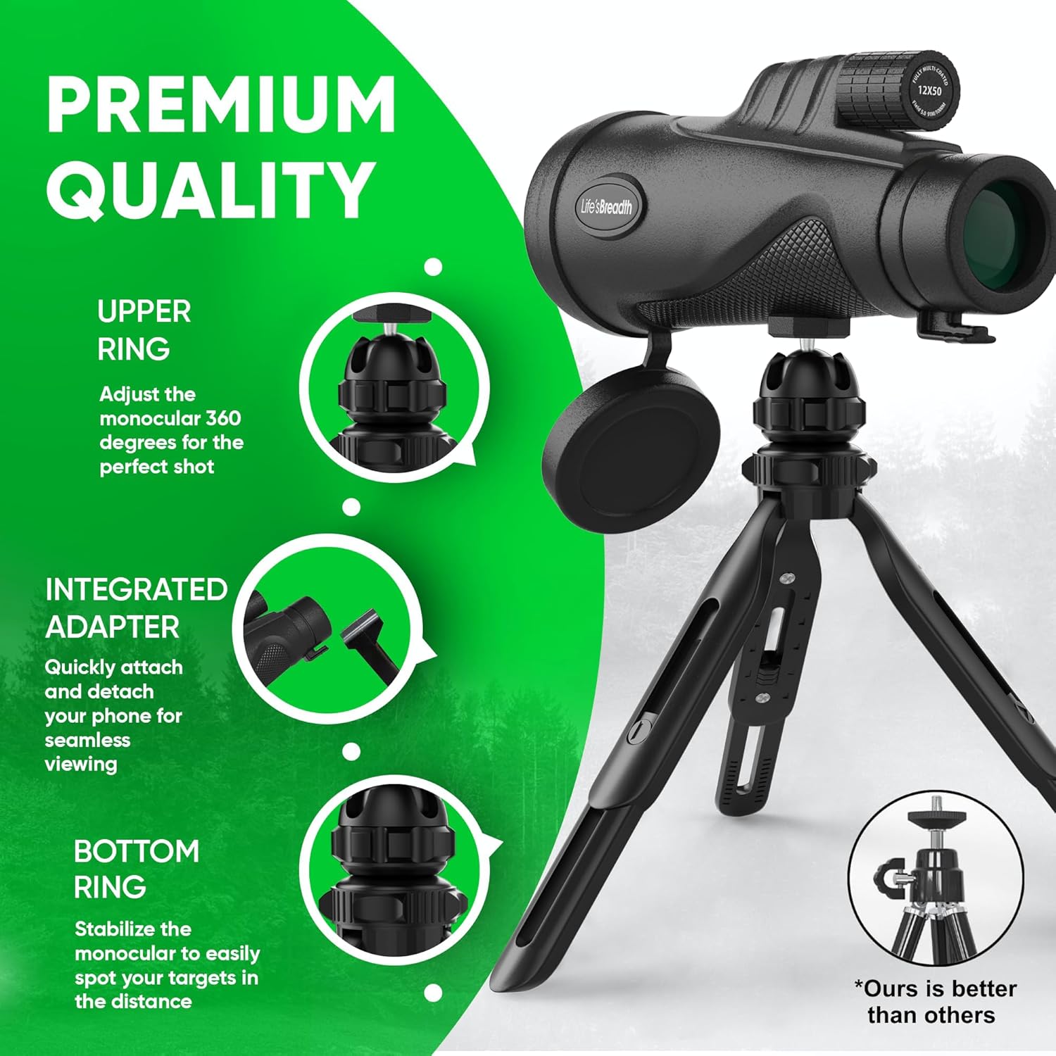 12x52 Monocular Telescope with Smartphone Adapter and Upgraded Tripod, HD Handheld Telescope - High Powered Monocular Scope for Adults - Birdwatching - Gifts for Men Him Dad Husband Boyfriend (Black)