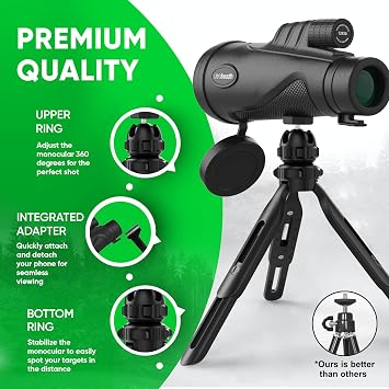 12x52 Monocular Telescope with Smartphone Adapter and Upgraded Tripod, HD Handheld Telescope - High Powered Monocular Scope for Adults - Birdwatching - Gifts for Men Him Dad Husband Boyfriend (Black)