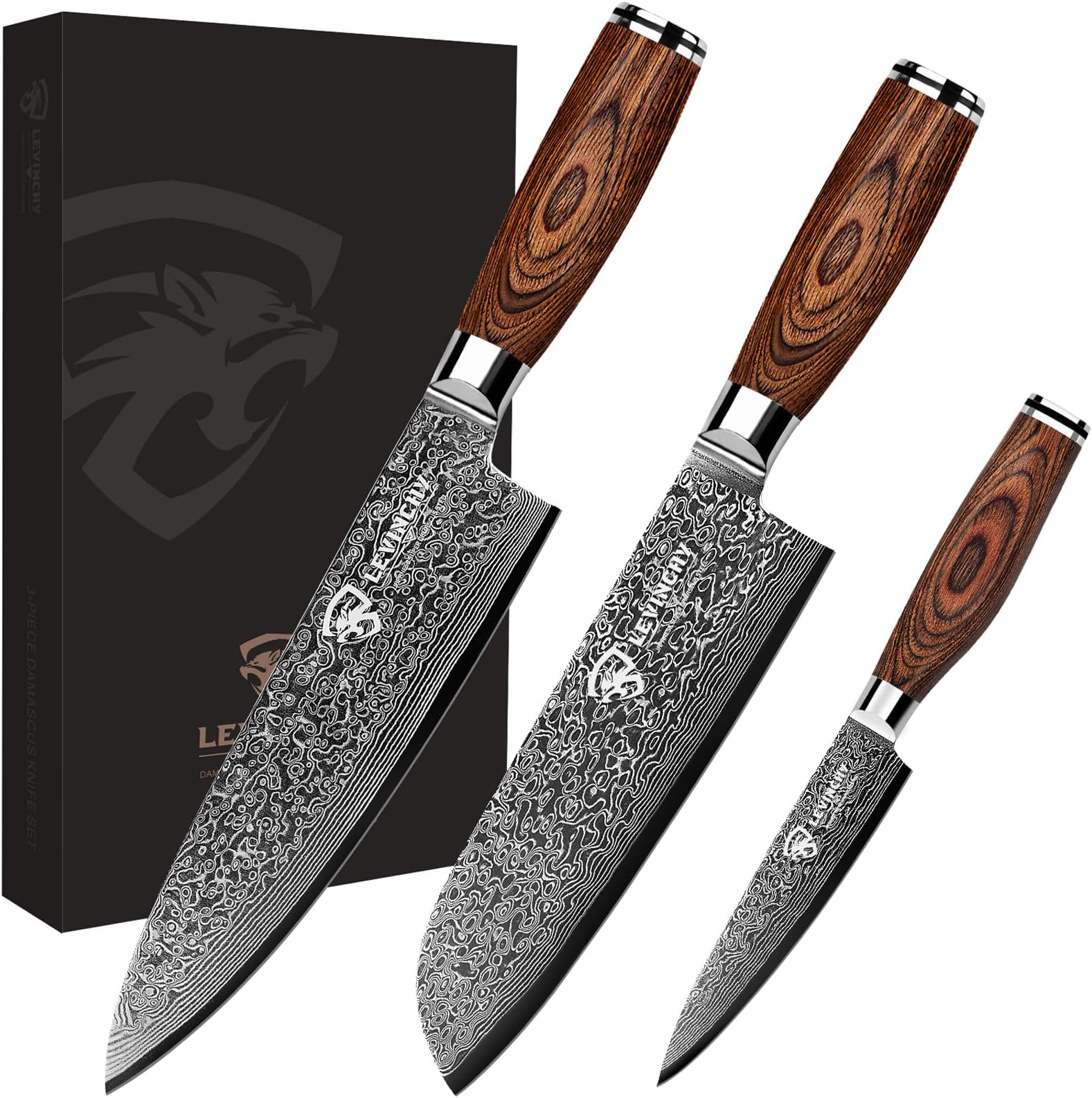 LEVINCHY Damascus Kitchen Knife Set 3 Pieces, Chef Knife/Santoku/Steak, Handmade