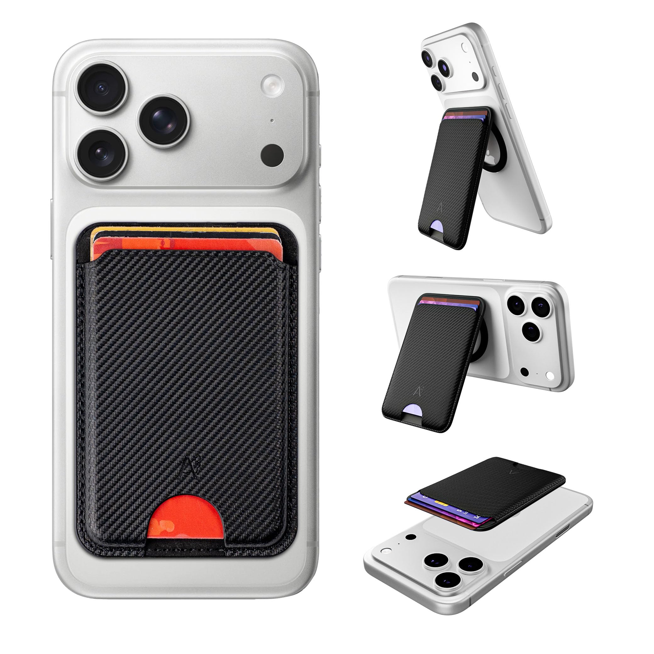 Capes Magnetic Wallet for iPhone, Compatible with MagSafe Wallet, 3 Card Holder, for iPhone 16/15/14/13/12 Models, Wallet with Kickstand, Not for iPhone 12 & 13 Mini, PU Leather, Carbon Fibre-image-24