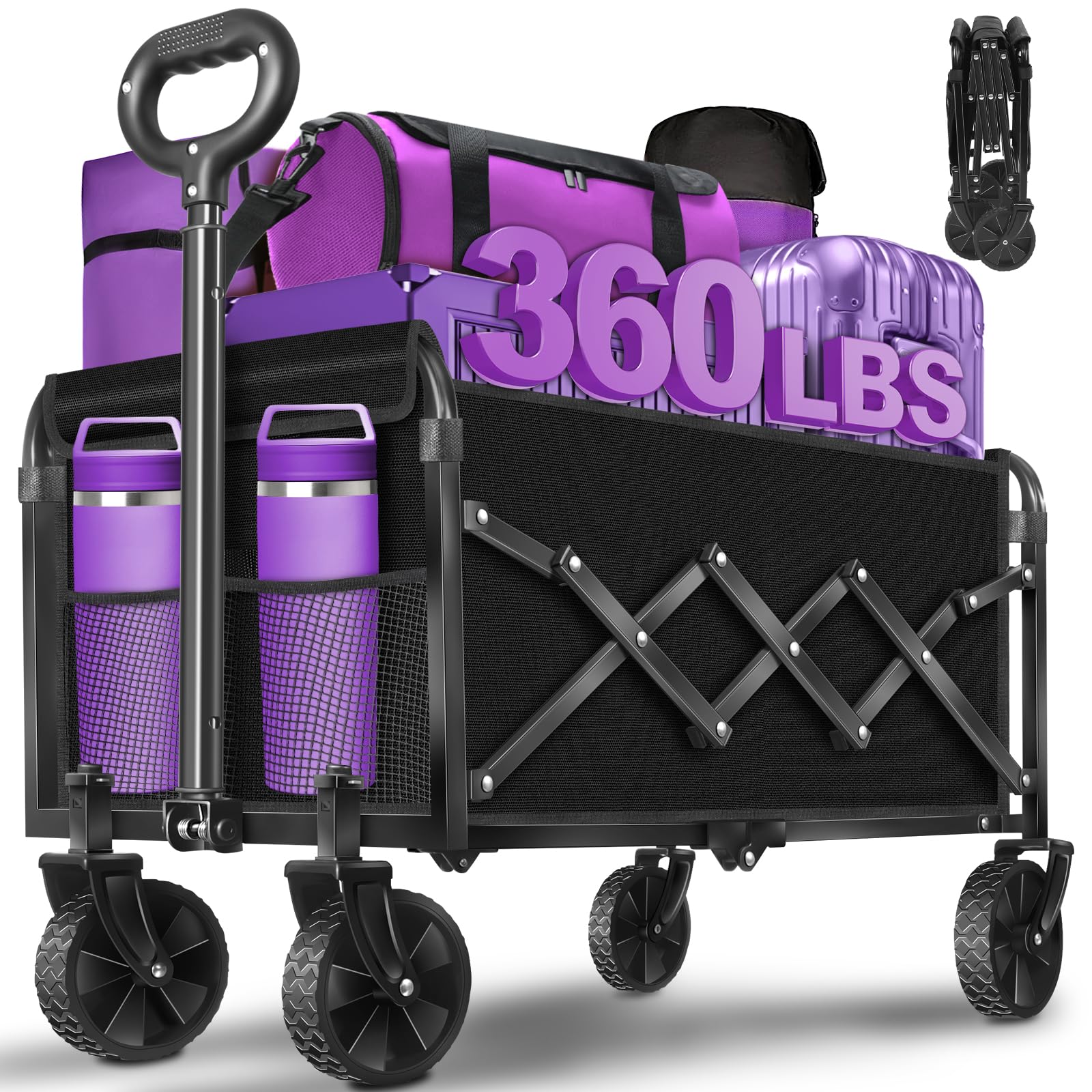 Wagon Cart Foldable,360Lbs Collapsible Wagon Cart with Wheels Portable, All Terrain Outdoor Utility Carts for Groceries, Camping, Sports, Garden, Shopping, Black