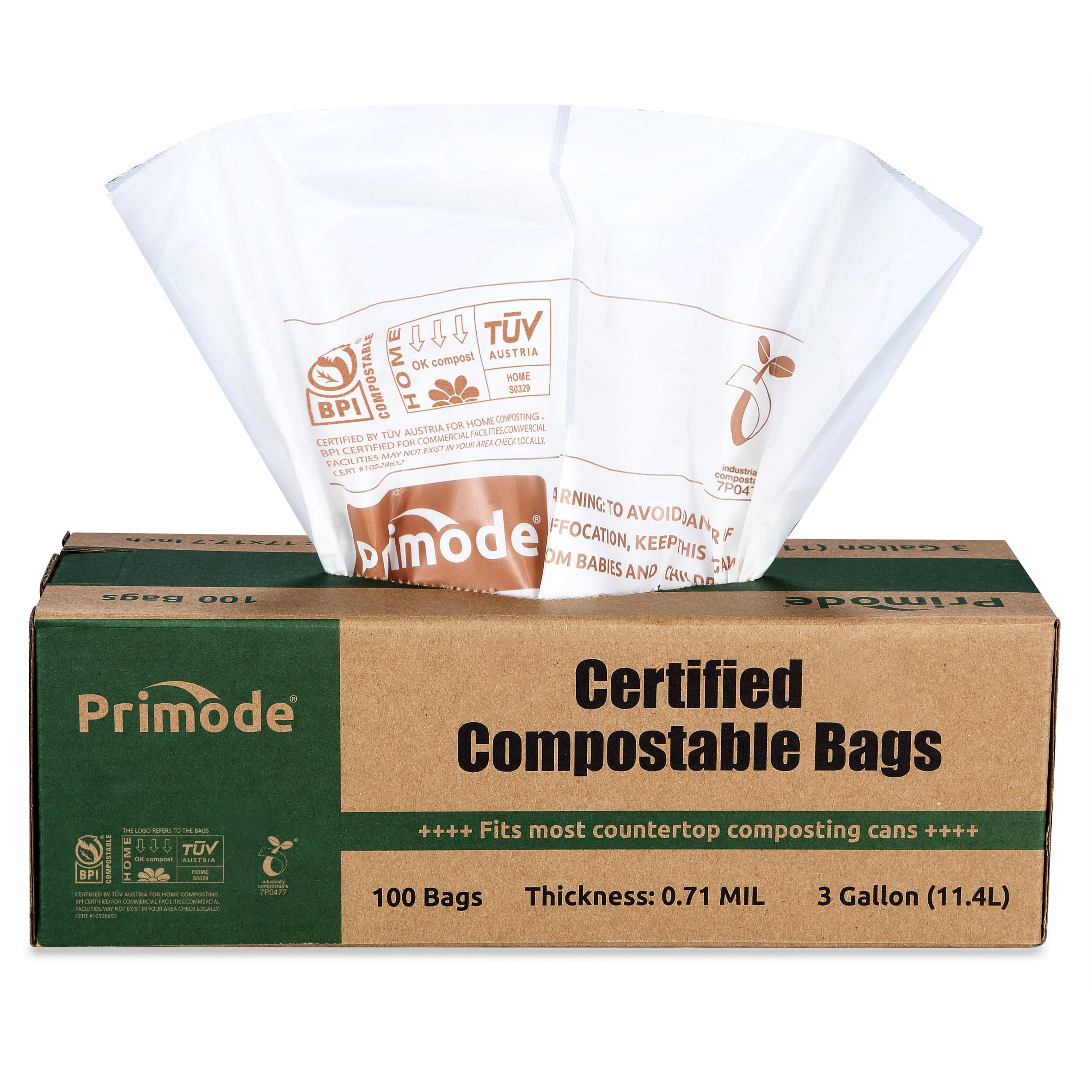 Primode Compostable Bags, 3 Gallon Food Scraps Yard Waste Bags, 100 Count, Extra Thick 0.71 Mil. ASTMD6400 Compost Bags Small Kitchen Trash Bags, Certified By BPI And TÜV AUSTRIA