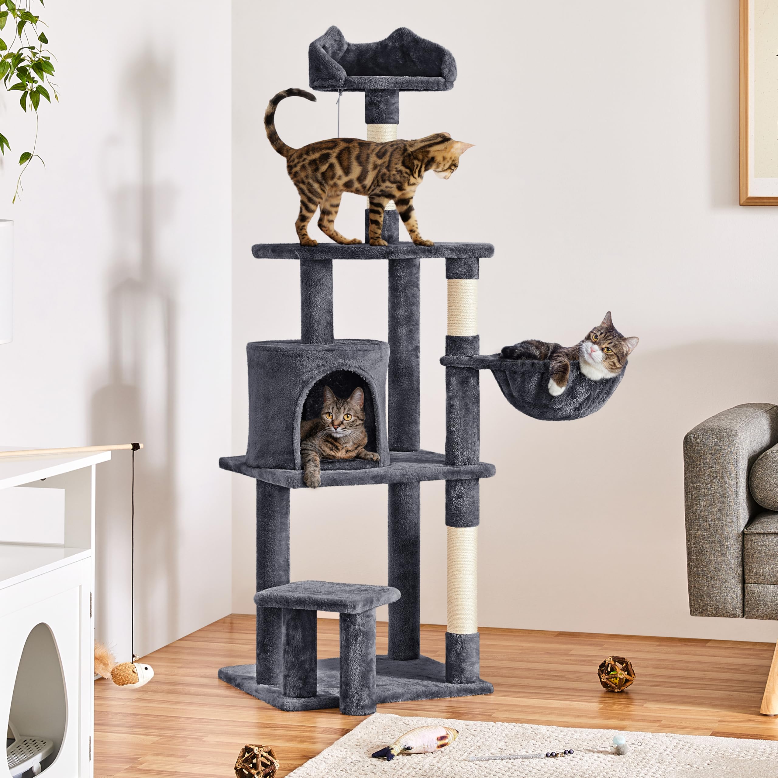 Yaheetech Arbre à Chat Multiniveau Tour pour avec Perchoir Oreilles de Cachette Panier Plateforme Poteaux Griffer Centre d’activités Taille 145 cm Haut Gris Foncé 48,5 × 40,5