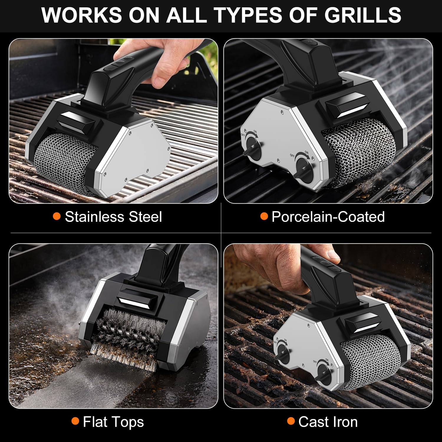Cepillo eléctrico para parrilla para exteriores, 2026 mejorado 350 RPM inalámbrico limpiador de parrilla de barbacoa con doble cabeza, cepillo de limpieza portátil recargable con luz LED