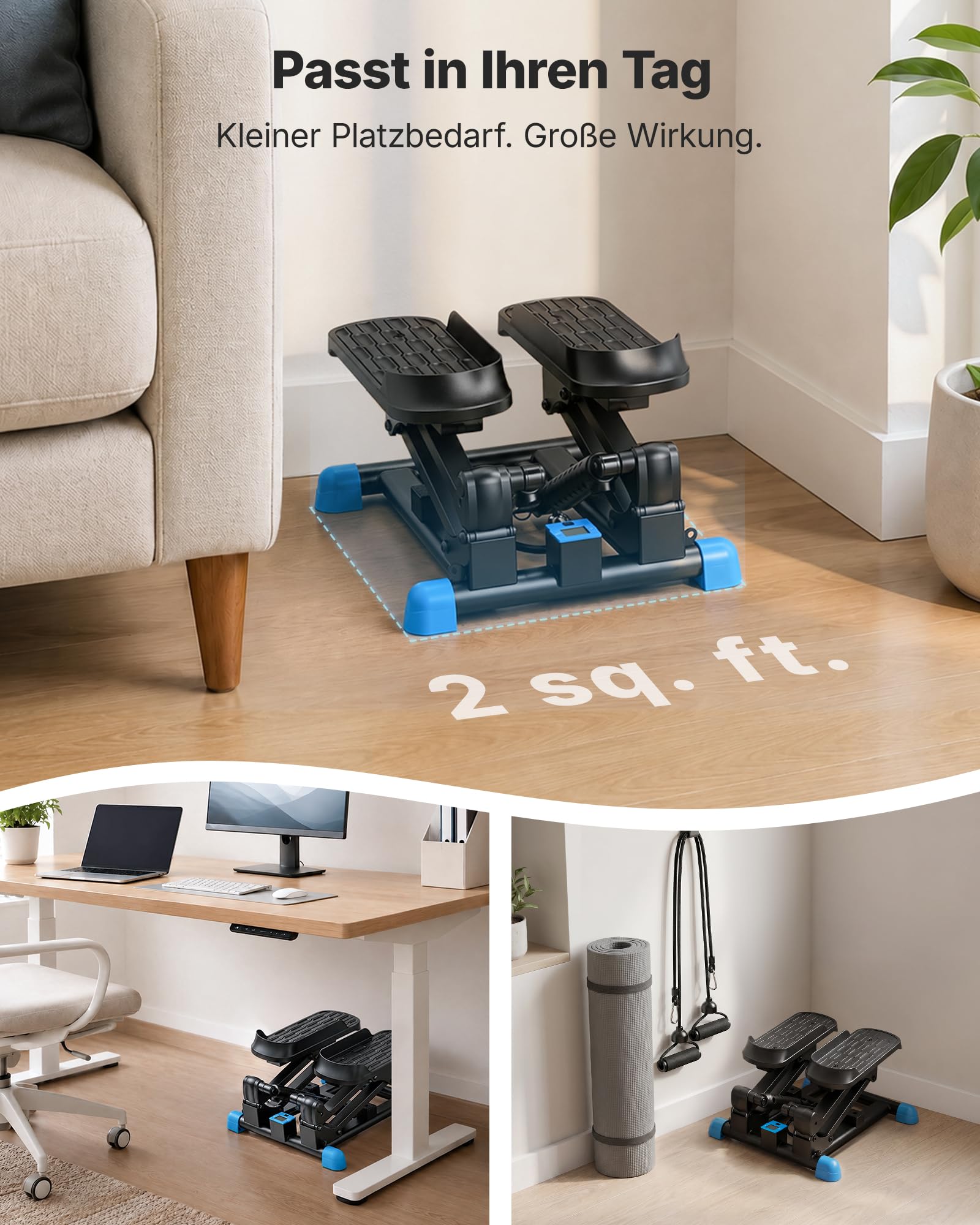 MERACH 3-in-1 Mini-Stepper für Zuhause Mit großer Schritt & Dämpfung | 6X Stärkeres Brennen Mit 12" Stufenhöhe & Power Ropes für Ganzkörper-Training, leiser Stair Stepper Mit LCD Display,MAX 150KG
