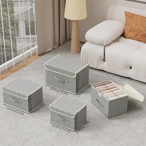 Miniatura 4 de Cajas de almacenamiento, contenedores de almacenamiento plegables con tapas, cestas de almacenamiento de tela de algodón y lino con asa, para