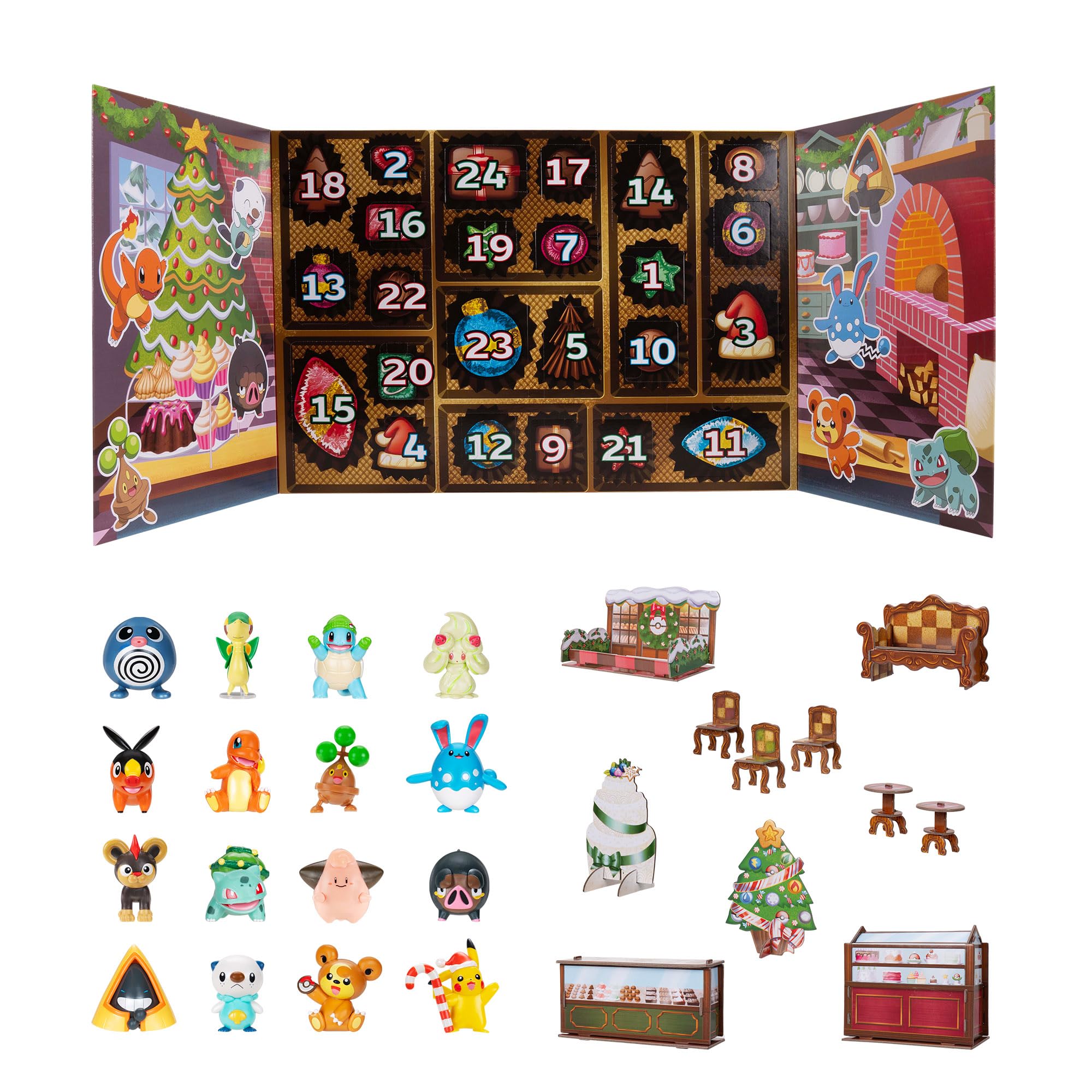 Pokémon Holiday Calendar 2025 - Features 16 2-Inch Battle Figures with Special Finish and Eight Unique Accessories