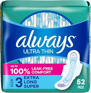 Always Ultra Thin Pads with Wings Size 3, Extra Long Super Absorbency Unscented, 100% Leak-Free Protection, 52 Count