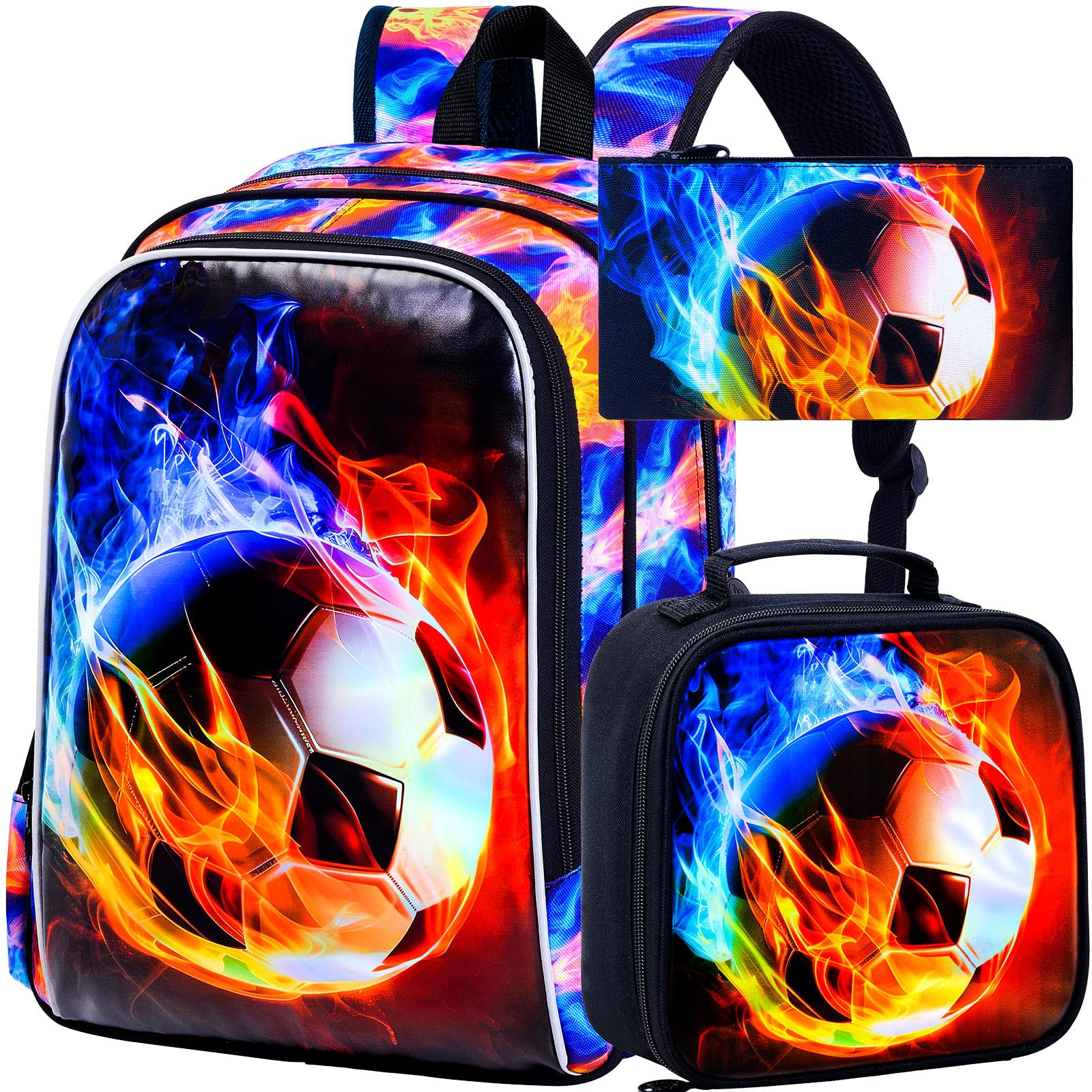 KLFVB 3PCS Kids Backpack, 17" Boys Football Bookbag and Lunch Box, Water Resistant Teenagers School Backpacks for Middle Elementary - Flame Soccer