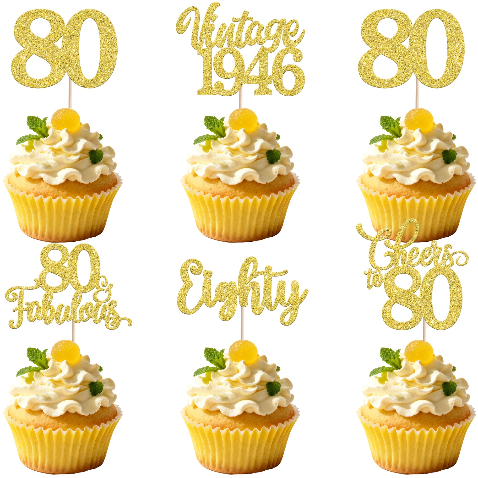 30 Pack Happy 80th Birthday Cupcake Toppers Glitter Hello 80 Eighty Vintage 1946 Cupcake Picks Cheers to 80 Party Decorations for 80th Birthday Anniversary Party Cake Gold โ image 1