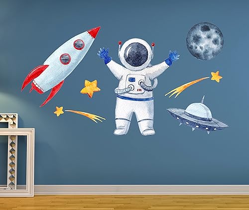 Miniatura 2 de Calcomanía de pared de cohete de astronauta, calcomanías de pared espaciales, decoración de pared de habitación infantil con temática de cohete y
