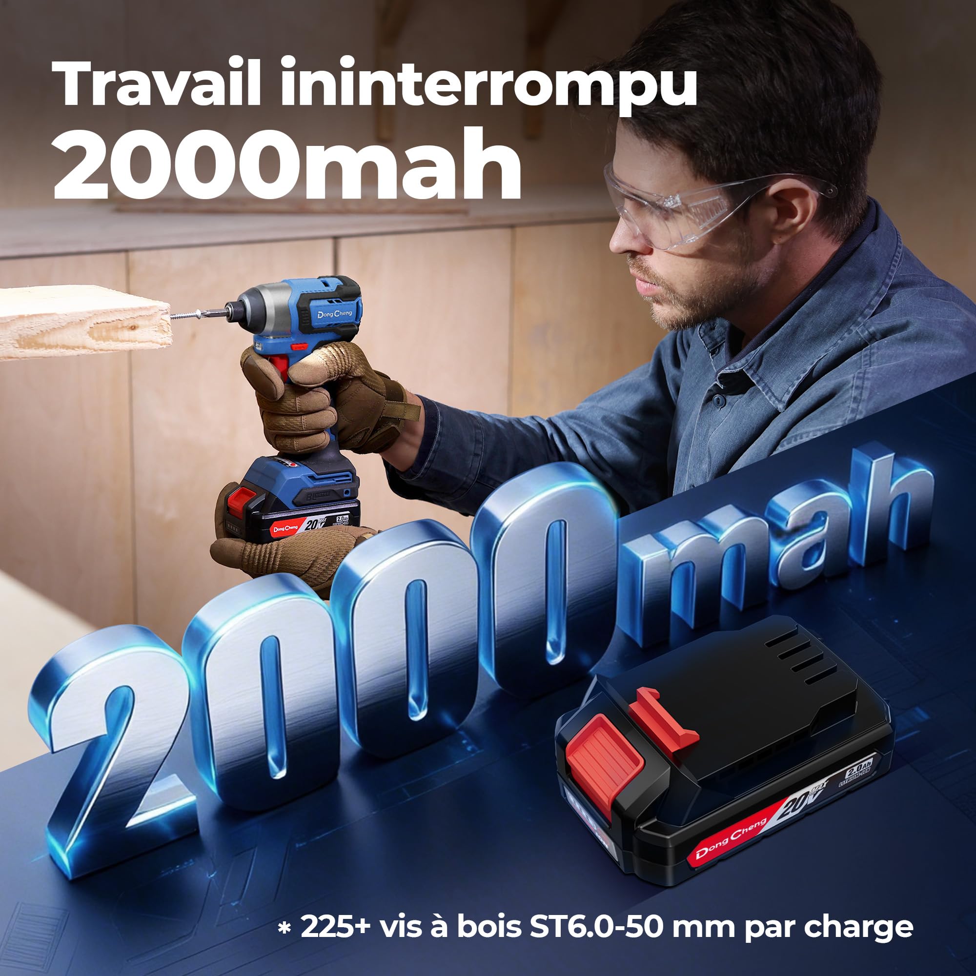 Dong Cheng Visseuse à Chocs sans Fil Brushless 20V, 165Nm, Démarrage Progressif & Mode Autoforeur, 3 Vitesses, 2x 2.0 Ah Batterie + Chargeur, LED, Set d'Embouts + Douilles, pour Bois, Métal, Bricolage