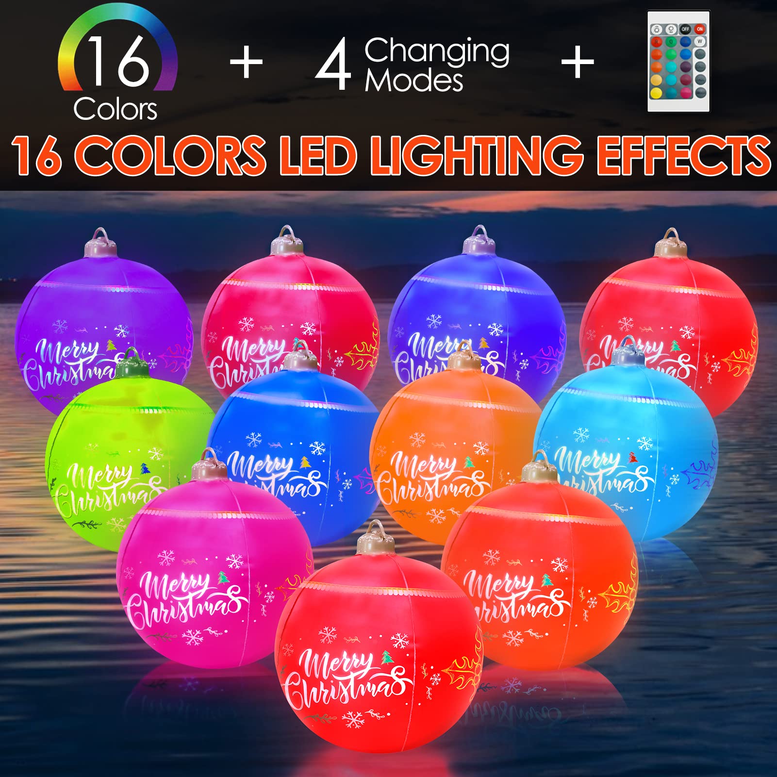 Grote Opblaasbare kerstbal met oplaadbaar ledlicht en afstandsbediening, grote kerstballen voor buiten, kerstdecoratie, 60 cm, opblaasbare pvc-kerstbal