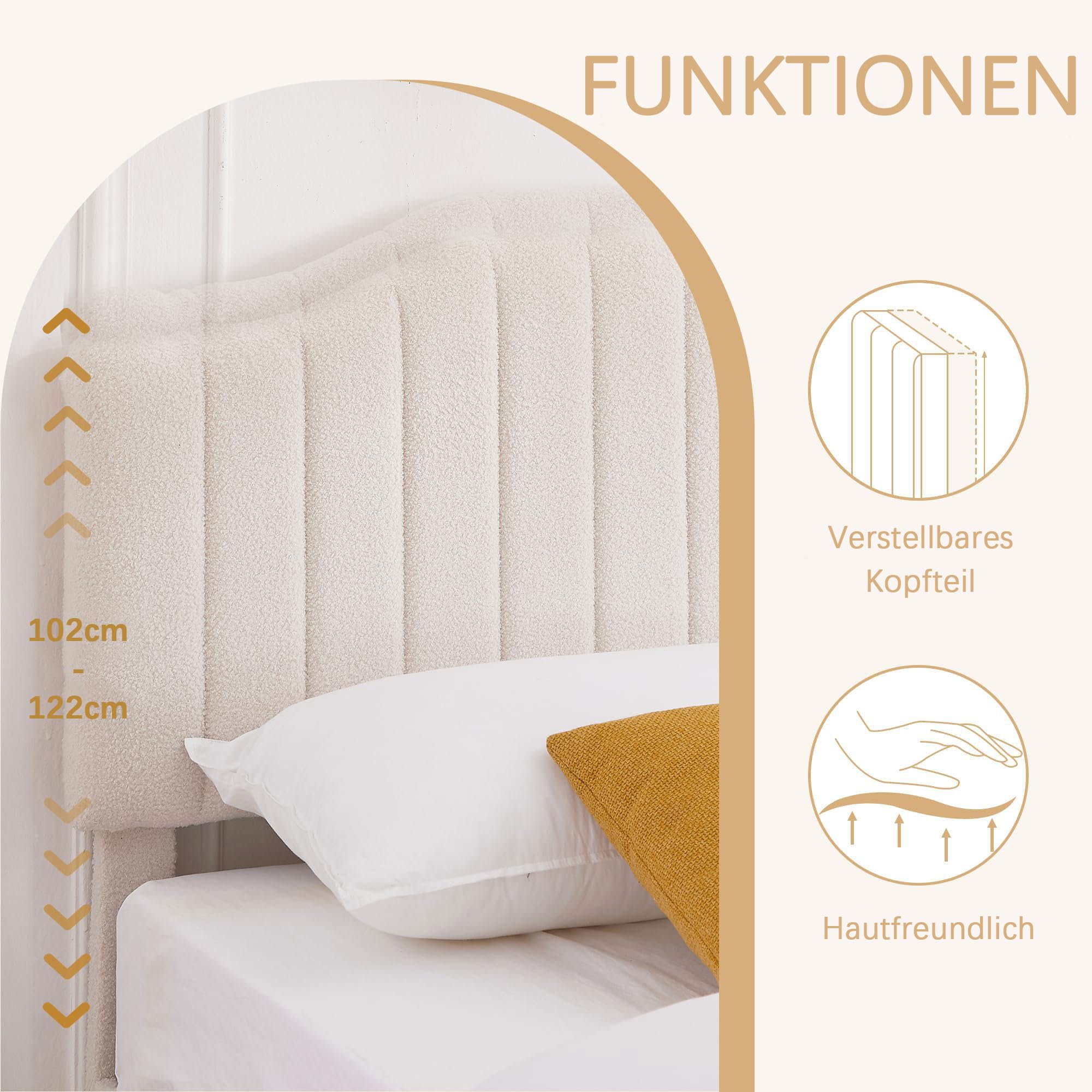 VECELO Polsterbett 140x200 cm Doppelbett, Bettgestell aus Teddy-Stoff mit höhenverstellbarem Kopfteil und Lattenrost aus Massivholz, 20 cm Stauraum unter dem Bett, modern, geräuscharm, beige