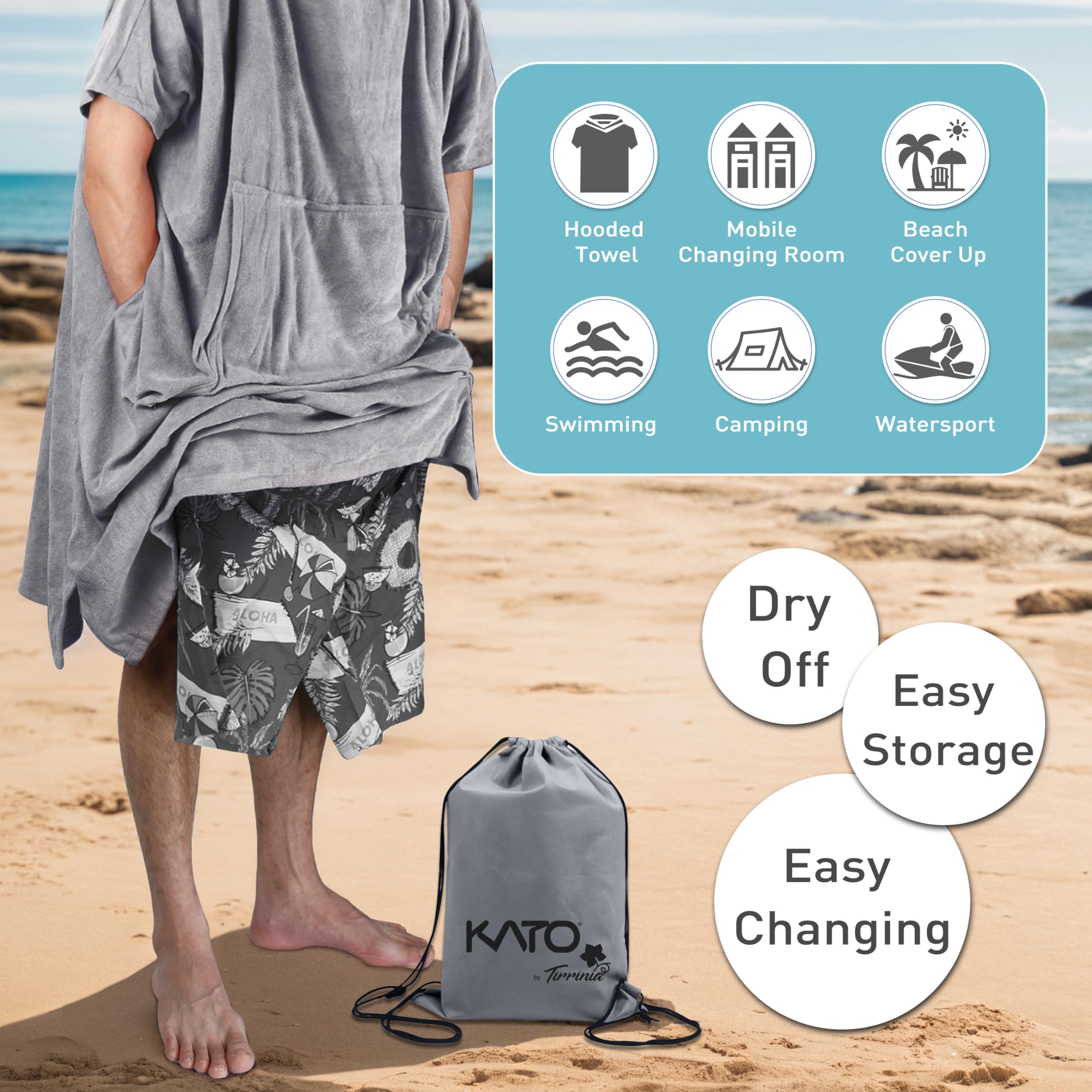 Kato Tirrinia Beach Surf poncho met zak, waterabsorberend