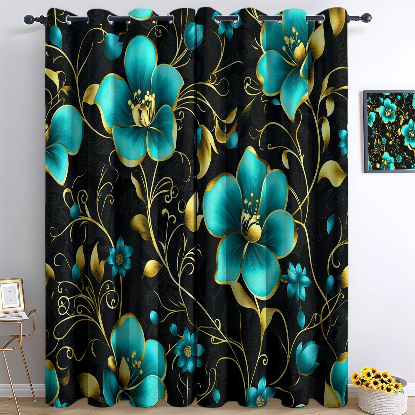 Tende Oscuranti per Interni 2 Pezzi 70x160 cm (LxA), Lusso Foglie Dorate Fiori Turchesi Tenda Coprente per Soggiorno, Termiche Isolanti Nero Tendaggi per Interno Finestra per Salotto Cucina
