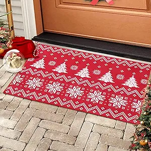 Boho Door Mat Christmas Area Rug Low-Pile Rug Non-Shedding Rugs Xmas Tree Bathroom Rug Bedroom Bedroom Area Rug, 2' x 3', Red/White