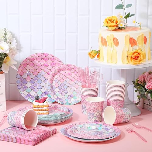 Miniatura 3 de SiliFine 336 platos de papel de sirena y servilletas, vasos de papel, cuchillos de plástico, tenedores, cucharas, juego de vajilla desechable para