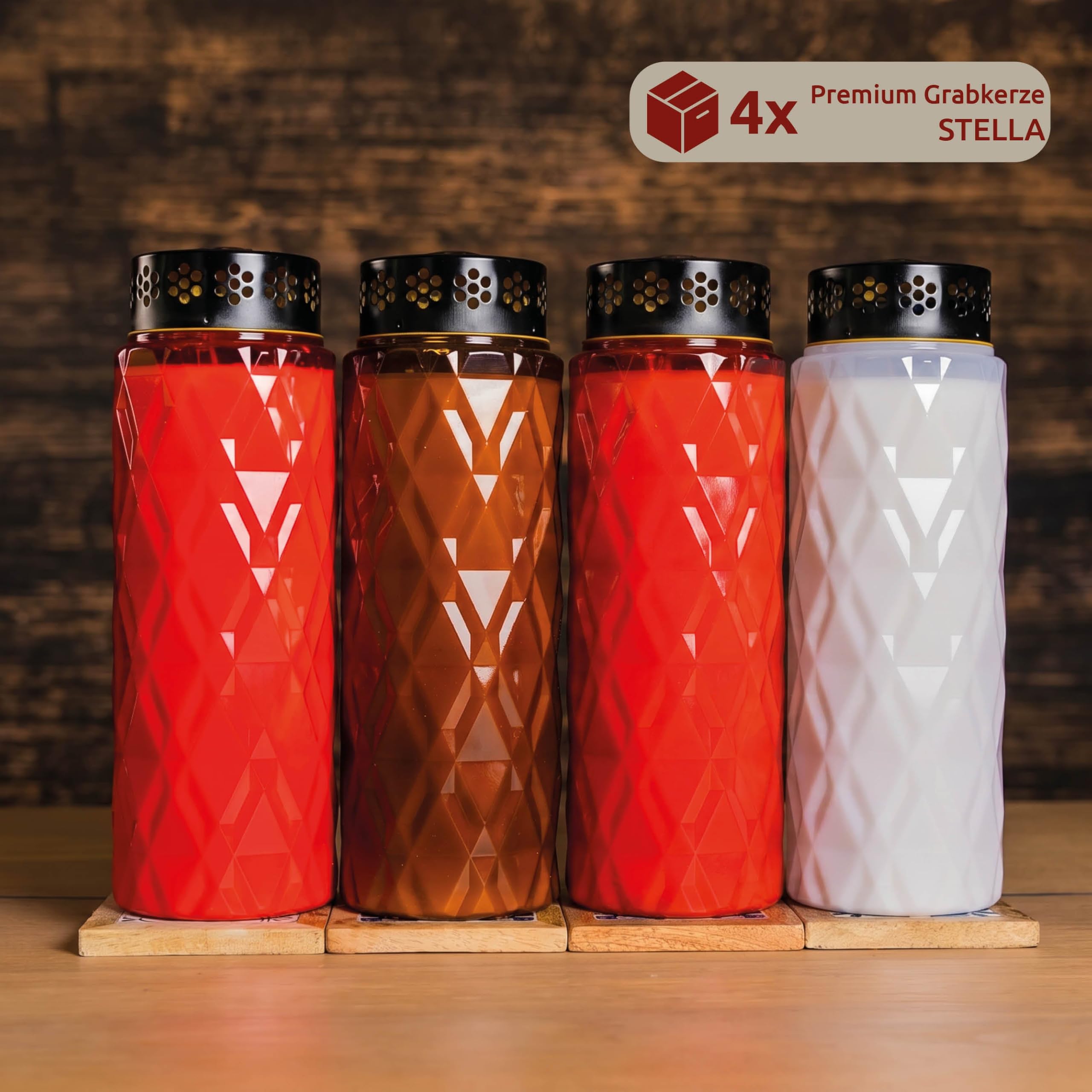 4er Set Grabkerzen Stella 10 Tage | 240 Stunden Brenndauer | Designkerze | Wetterfestes Grablicht mit Deckel | Trauerkerzen für Grab, Friedhof, Grabdekoration & Grabschmuck