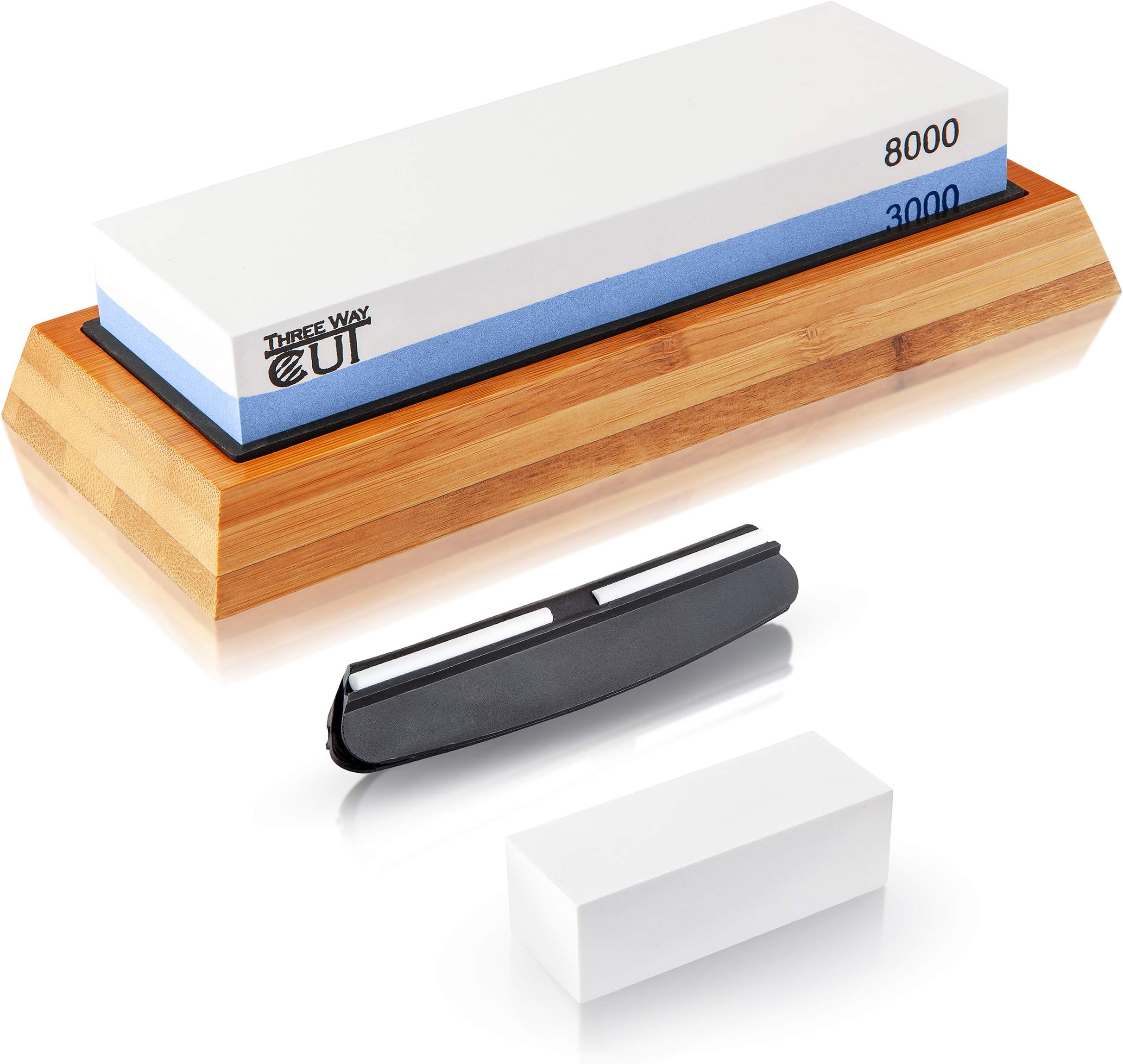 Knife Sharpening Stone Kit - 2 Side Whetstone Set 3000/8000 Grit Sharpening and Honing Wet Stone Waterstone Sharpener for Chefs and Kitchen Knife Anti-slip Base Angle Guide & Flattening Stone