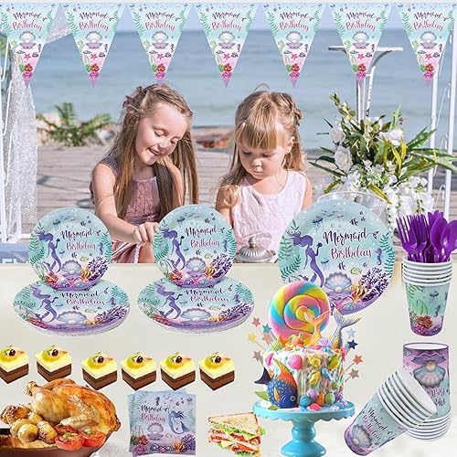 Miniatura 6 de Rainmae Suministros de fiesta de sirena, juego de vajilla desechable de sirenas, platos de papel de sirena, servilletas y tazas para niña, baby