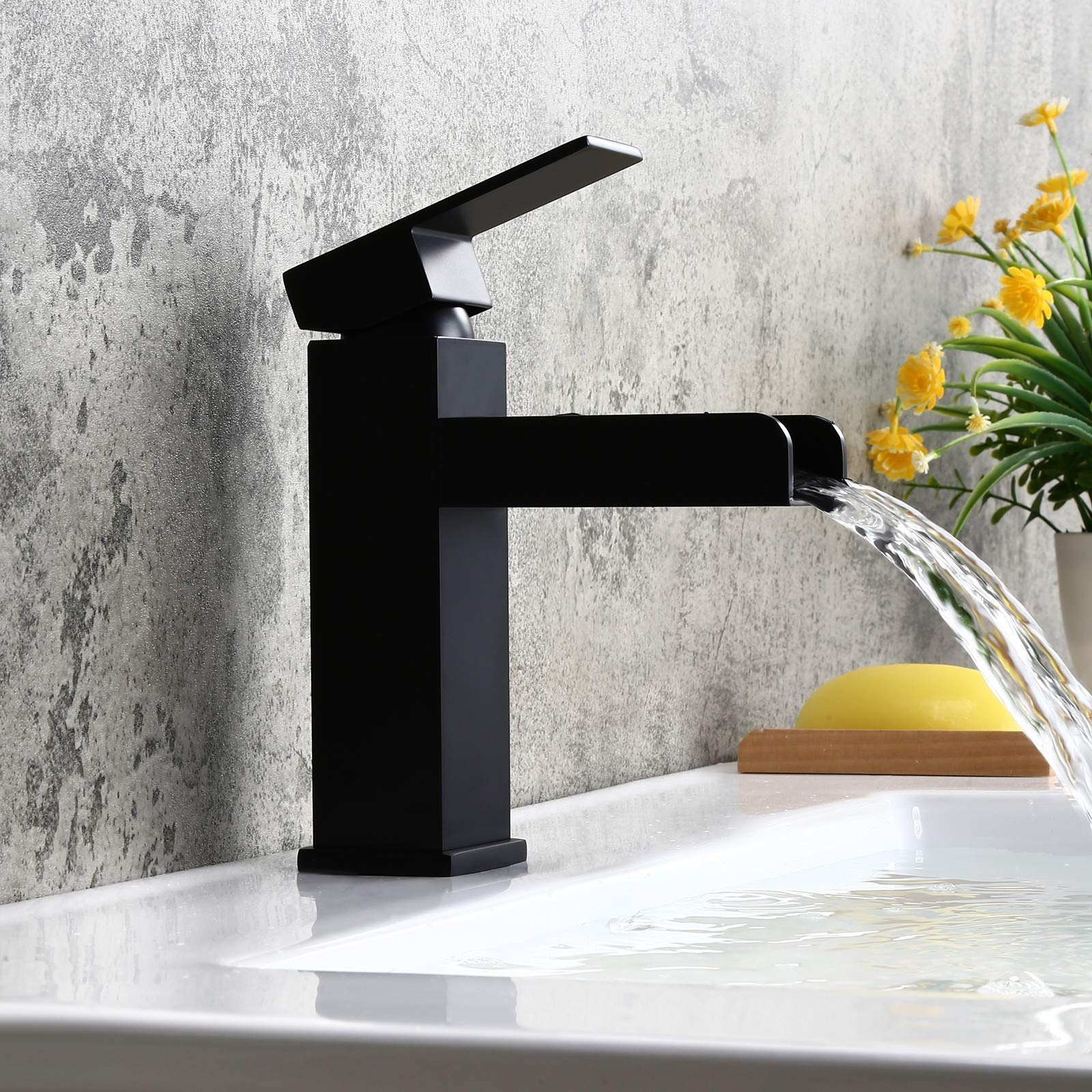 Homary Contemporary Matte Black Waterfall Bathroom Vanity Sink Faucet Solid Brass Single Handle One Hole Deck-Mount Lavatory Sink Faucet Pop Up Drain Included