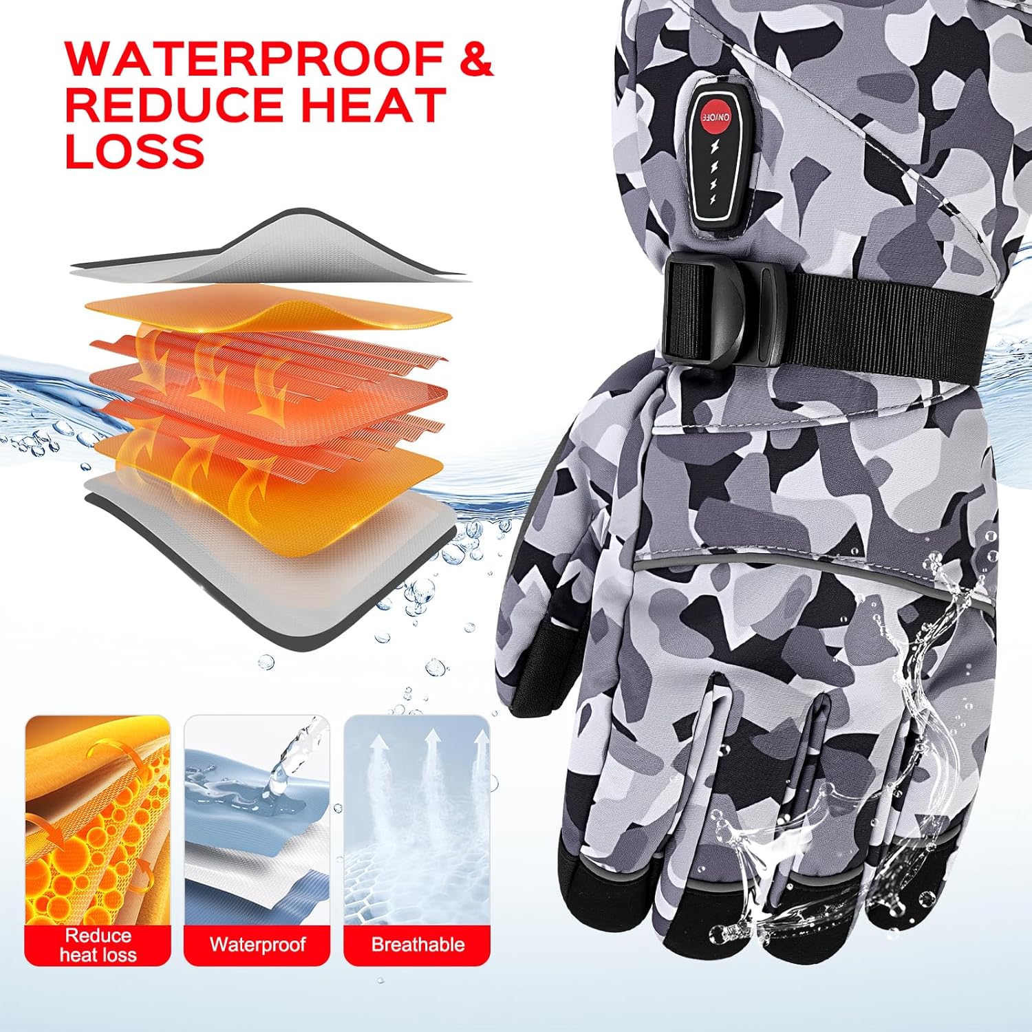 Heated Gloves for Men&Women, 5-Temp Settings Camouflage Rechargeable with 7.4V 3200mAh Rechargeable Battery, Waterproof Touchscreen Winter Gloves for Skiing,Motorcycle, Work, Hunting - Image 4