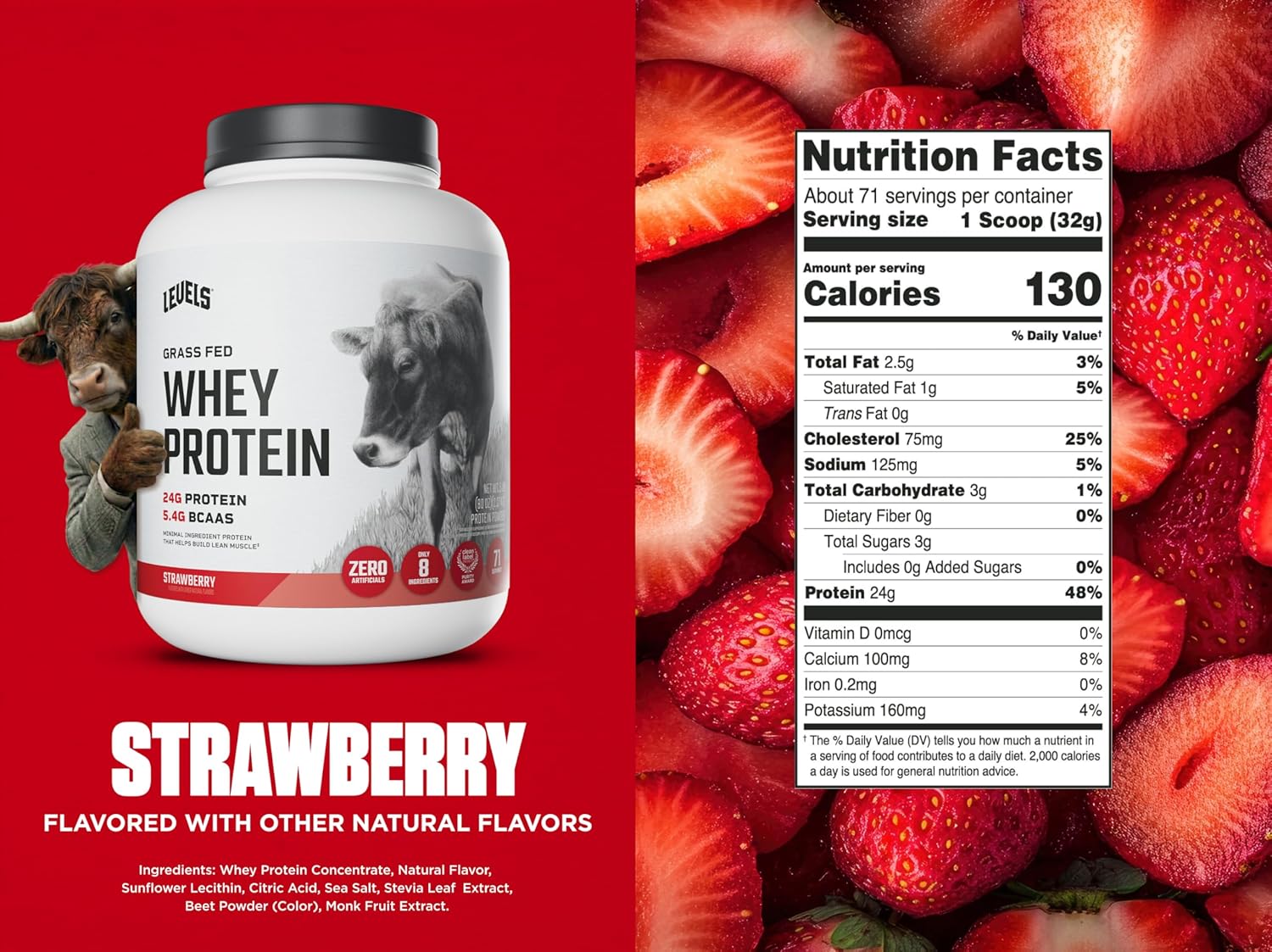 Levels Grass Fed Whey Protein Powder, No Artificials, 24G of Protein, Strawberry, 5LB