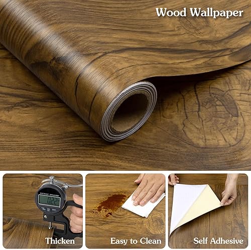 Miniatura 5 de Papel tapiz de madera marrón para despegar y pegar de 15.7 x 118 pulgadas, papel de contacto de grano de madera rústico extraíble, papel de pared