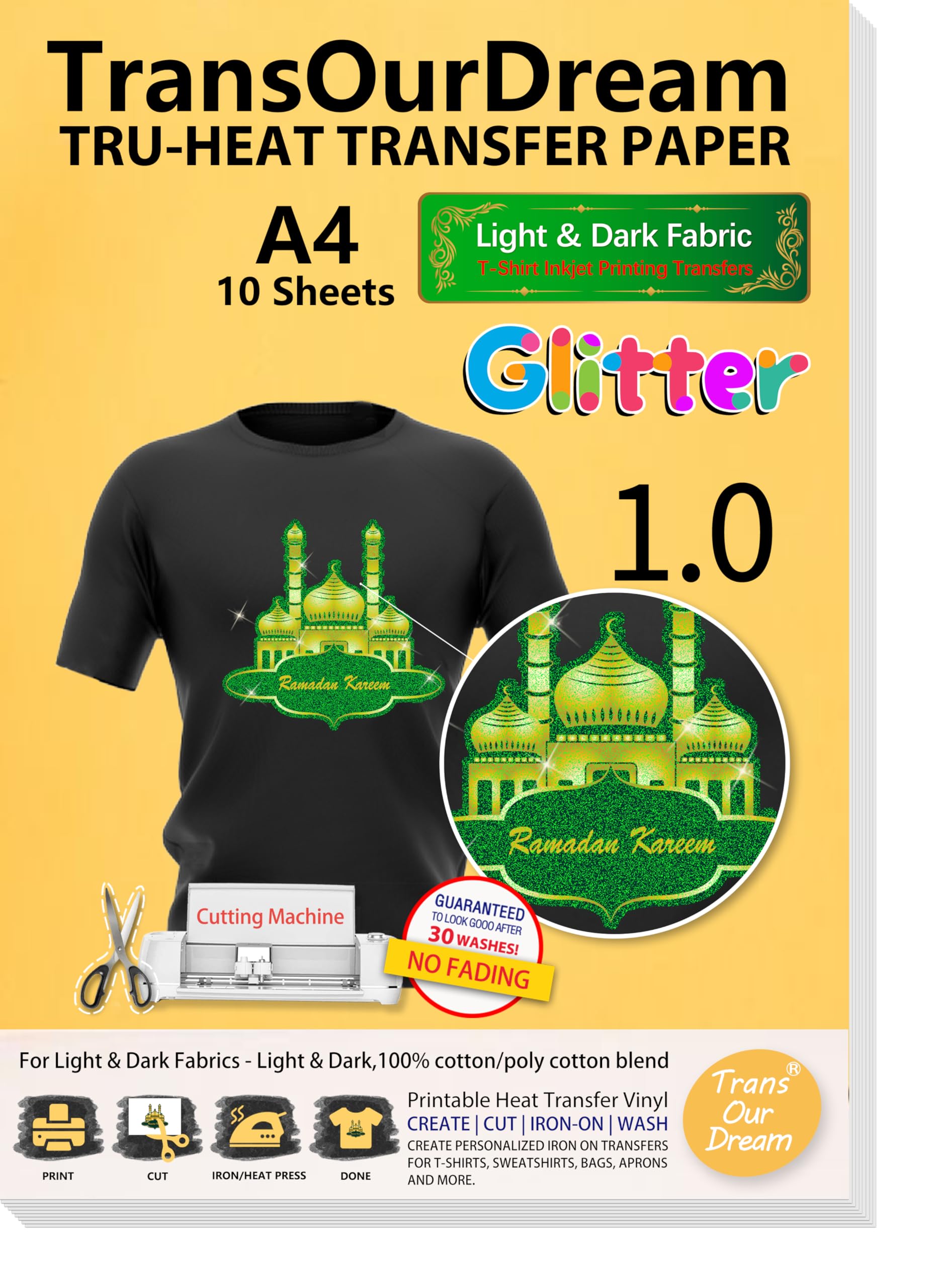 TransOurDream Glitter Iron on Heat Transfer Paper for T Shirts (10 Sheets, A4) Printable Heat Transfer Vinyl for Inkjet Printer Iron-on Transfers Paper for Light and Dark Fabric(ARAB-4-10)