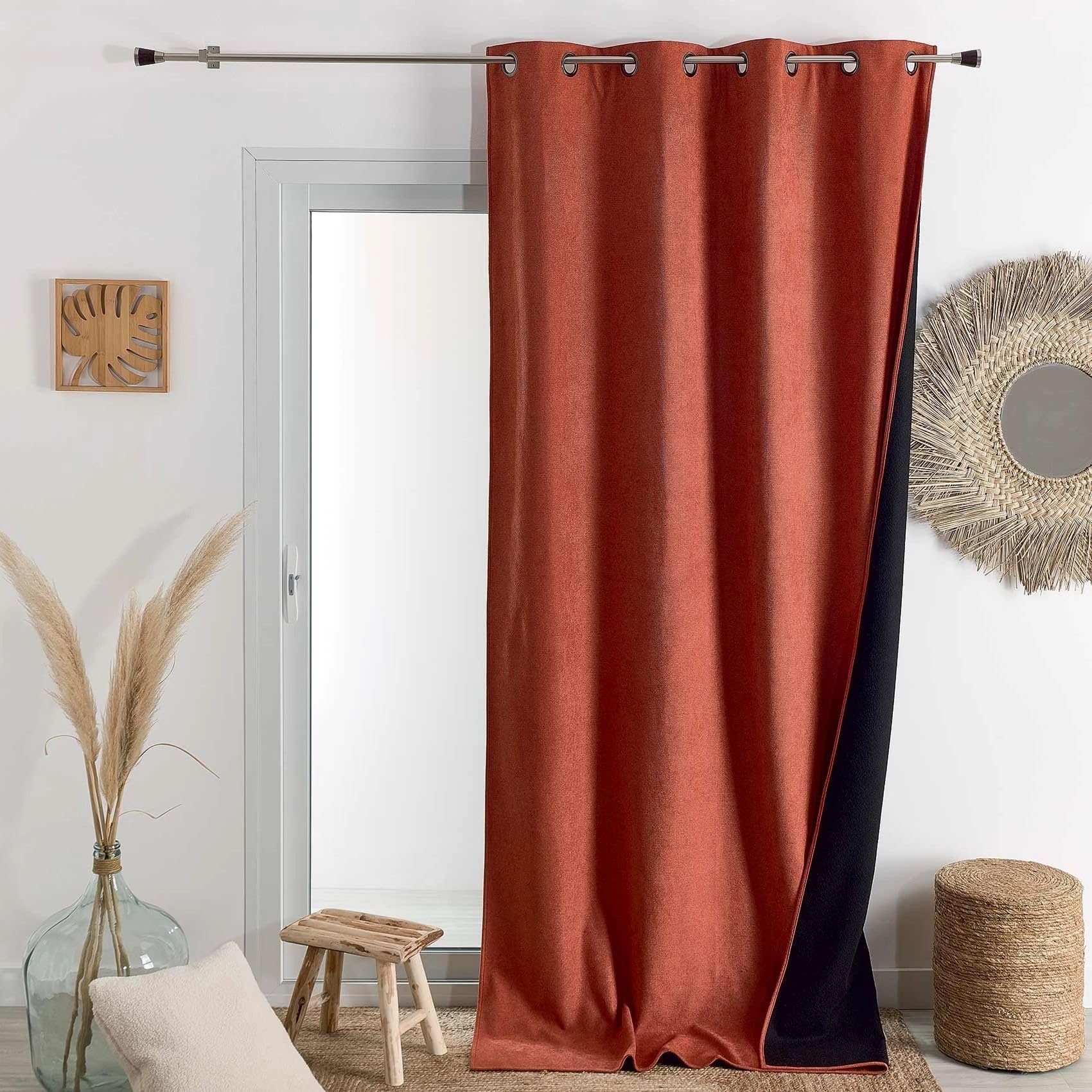 Home Maison QABANE - Rideau Thermique Phonique KONFOR - Flanelle Polyester - Occultant Isolant Froid et Bruit - Chambre Salon Bureau - 8 Oeillets - 140 x 300 cm - Terracotta