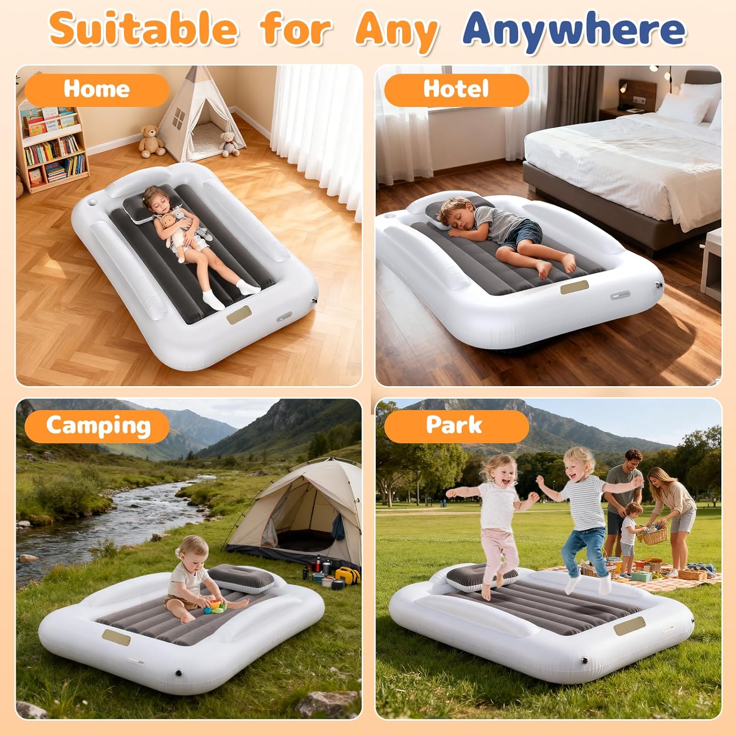 Inflatable Toddler Travel Bed - Toddler Blow Up Bed with Built in Pump - Kids Air Mattress Set with Safety Sides - Portable Ideal for Vacation Camping and Sleepover (60 Inches)