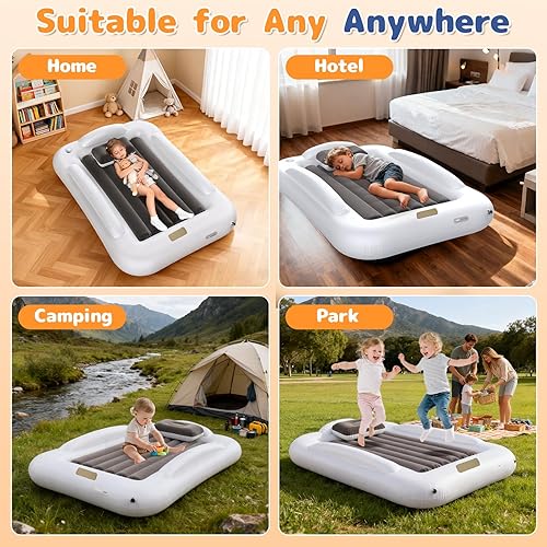 Miniatura 58 de Cama inflable de viaje para niños, colchón de aire portátil y cómodo con parachoques de seguridad de 3 lados, cama inflable para acampar y viajar