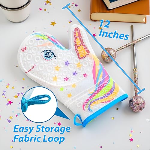 Miniatura 4 de Gears Out Guante de horno de silicona con diseño de unicornio mágico con purpurina, guantes de cocina resistentes al calor, silicona suave, forro de