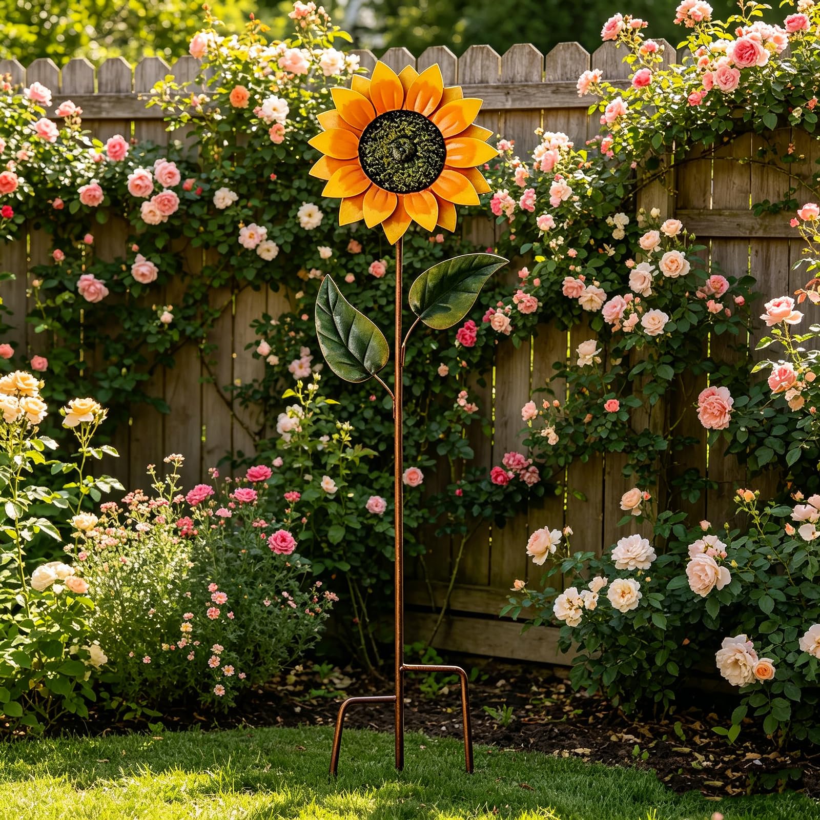Sunflower Wind Spinner Garden Stake, Outdoor Metal Sunflower Windmill Decoration, Spinning Flower Garden Ornament for Lawn Patio Yard Balcony Decor (Yellow)