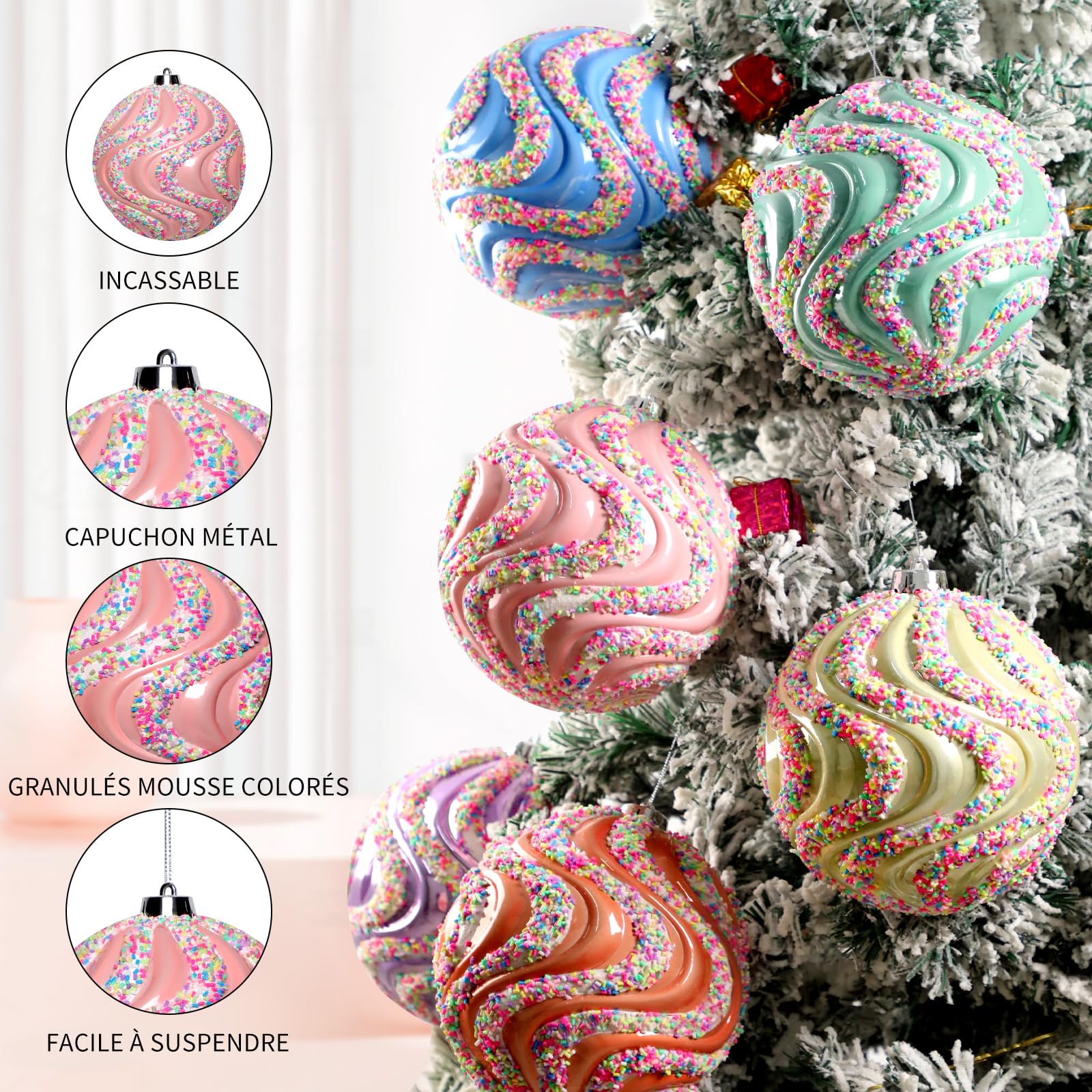 Lanpn 6 Pcs 15cm Grosse Boule de Noel Pastel Exterieur, Grande Boules Sapin Noël en Plastique, Boule Grande Incassables avec Fil Suspension, Décoration Bonbon de Arbre de Noël Jardin Pelouse Fêtes