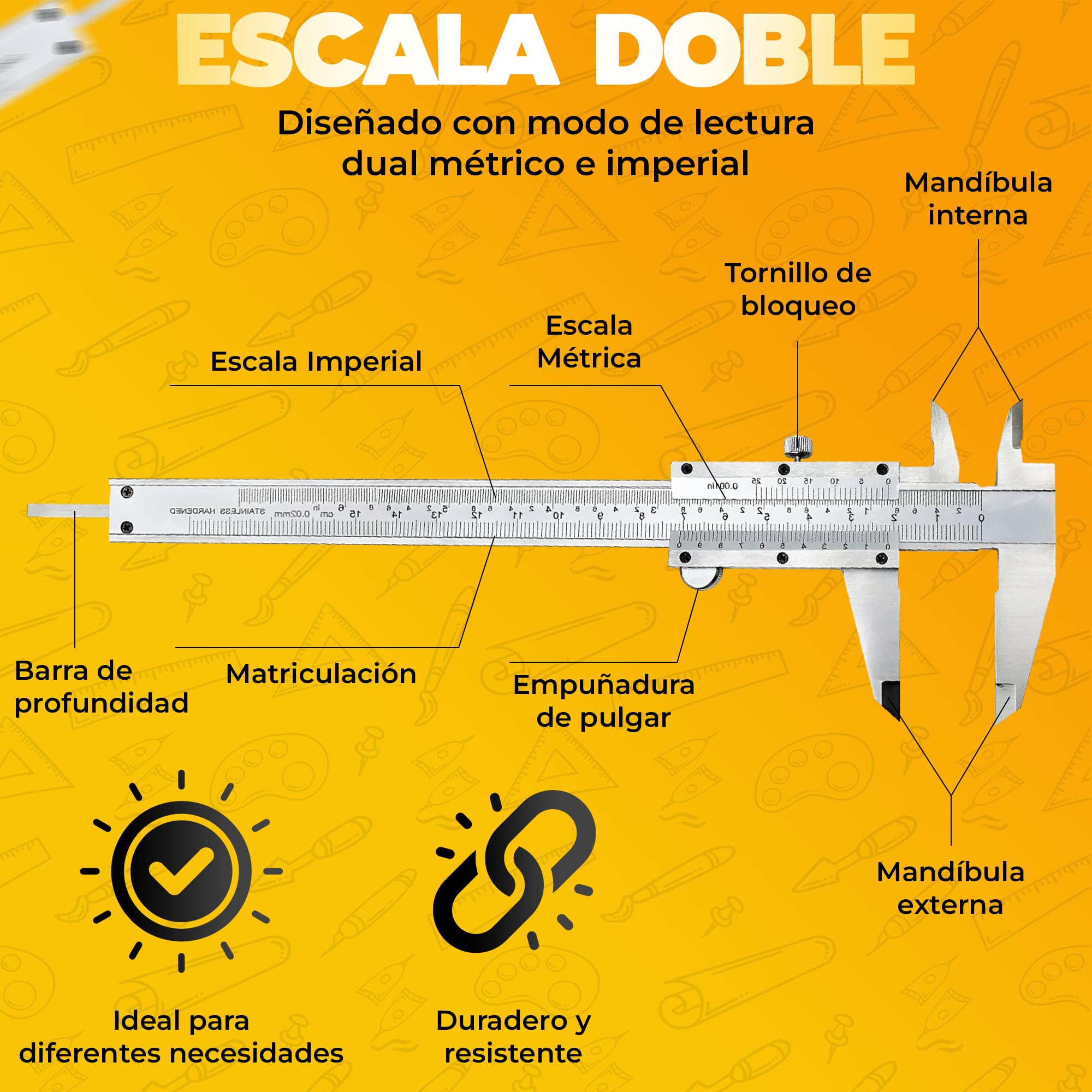 Pie de Rey 0-150 mm,0-6" en Acero Inoxidable, Calibre Analogico de Precisión para diferentes Usus Profesional y Domestico. (1)