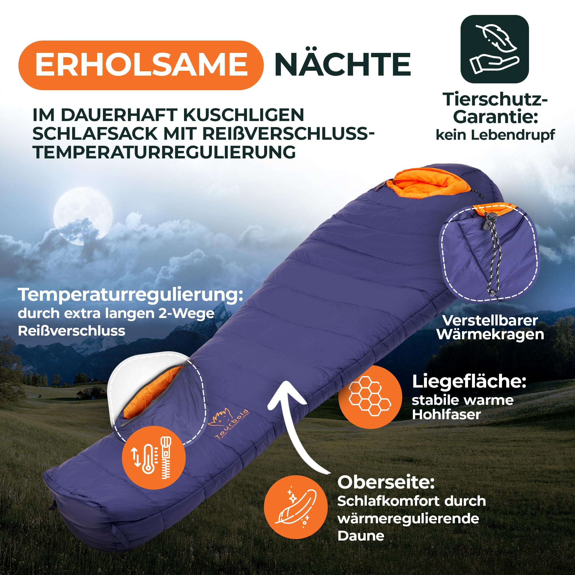 TOURBOLD® Daunenschlafsack Outdoor | 3 Jahreszeiten | Ultraleicht (1250 g) | Kleines Packmaß | Extra Langer Reißverschluss | Komfort-Schnitt | Mumienschlafsack | Camping Trekking Bergsteigen