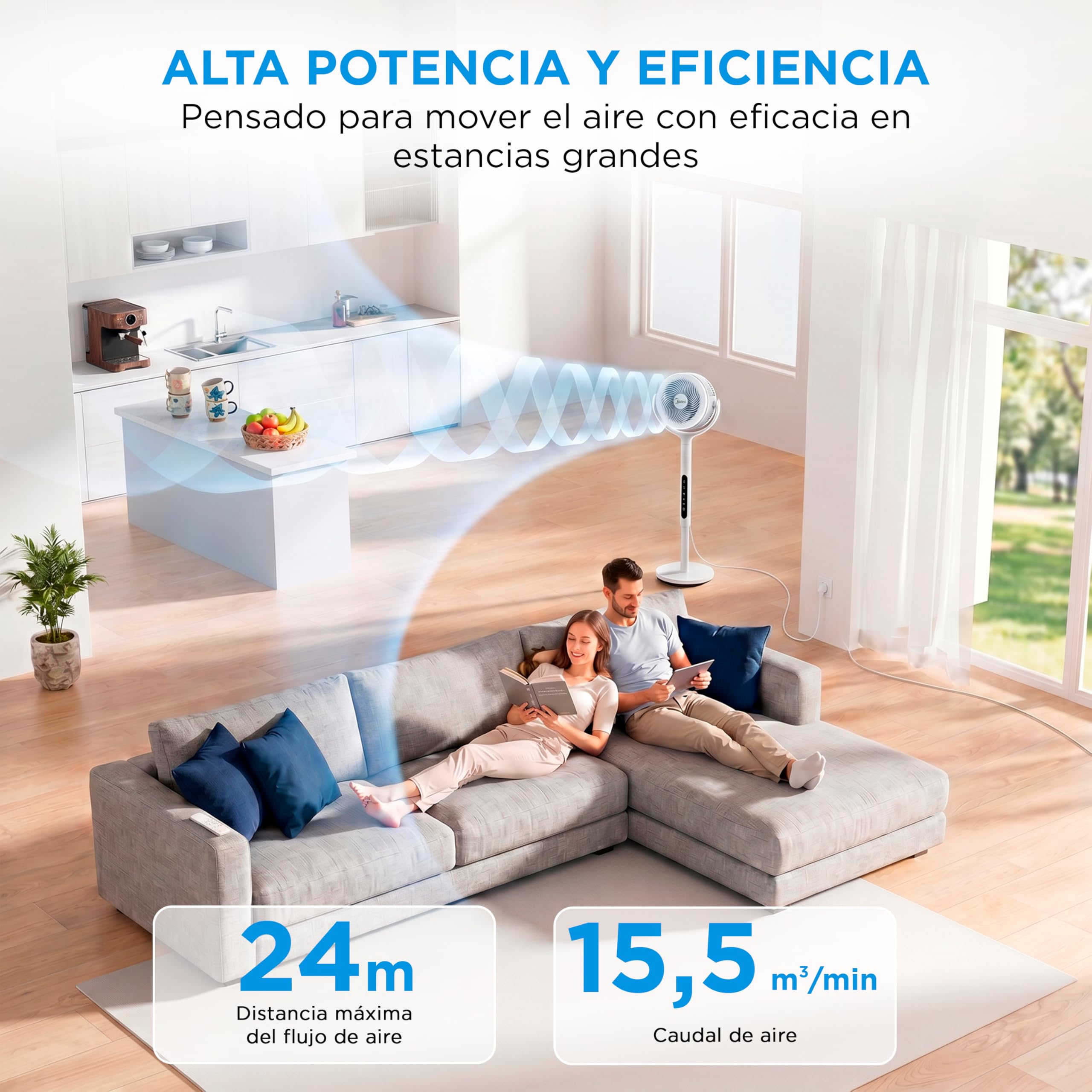 Midea Ventilador de Pie de 12 Velocidades con Mando a Distancia - Ventilador Silencioso con Oscilación 120º + 135º y Altura Regulable - Temporizador, Filtro, Doble Aspa, y 3 Modos - Alcance hasta 24 m