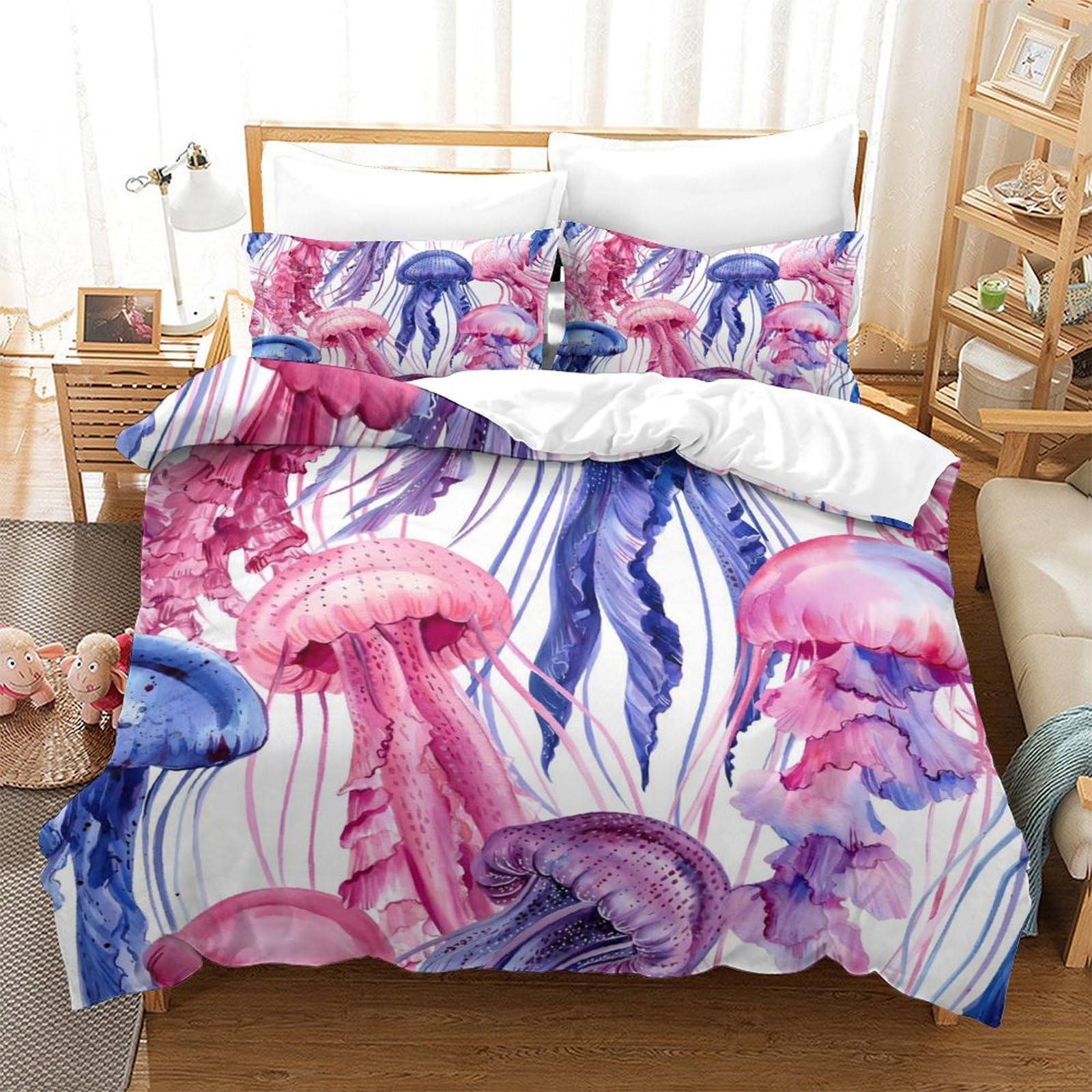GDEKCIEAS Jellyfish Marine Life Comforter Cover,3D Printed Bedding Sets Customized Bedspreads Cover 3 Pcs Duvet Cover+2 Pillow Cases for Kids Adults Room Decor Single（140x200cm）